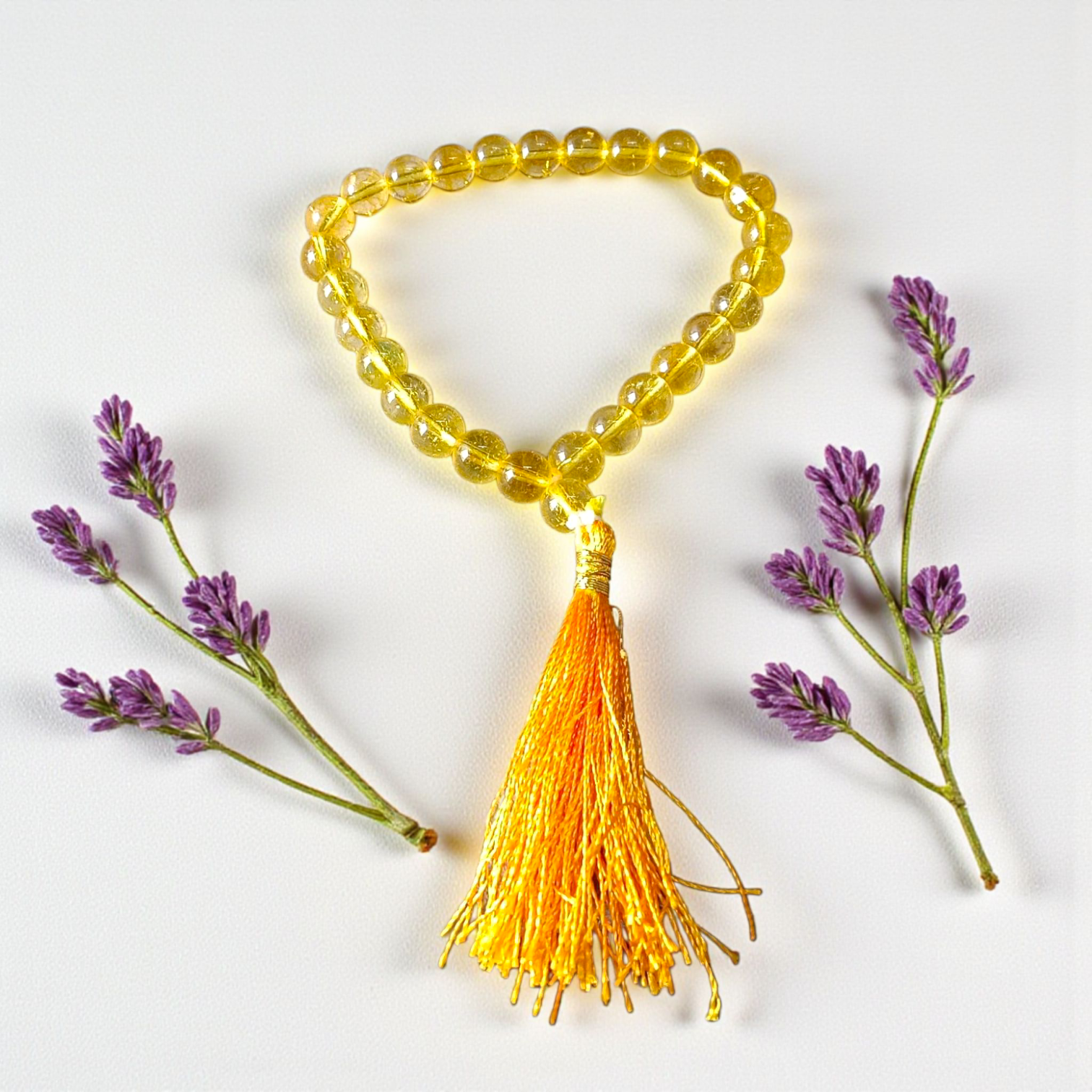 Compact Citrine Mala with 27+1 lab-certified 8mm crystal beads, ideal for chanting, meditation, and travel