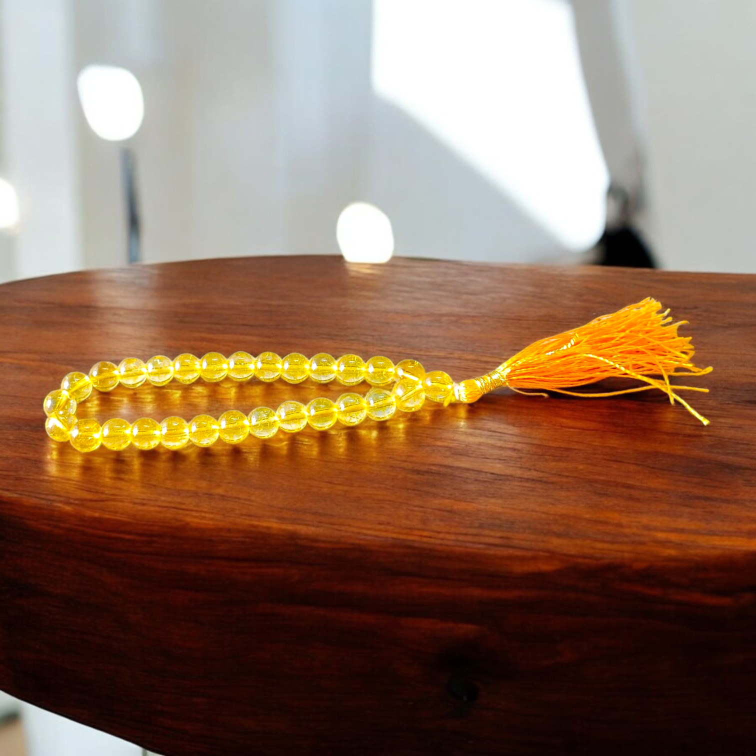 Compact Citrine Mala with 27+1 lab-certified 8mm crystal beads, ideal for chanting, meditation, and travel