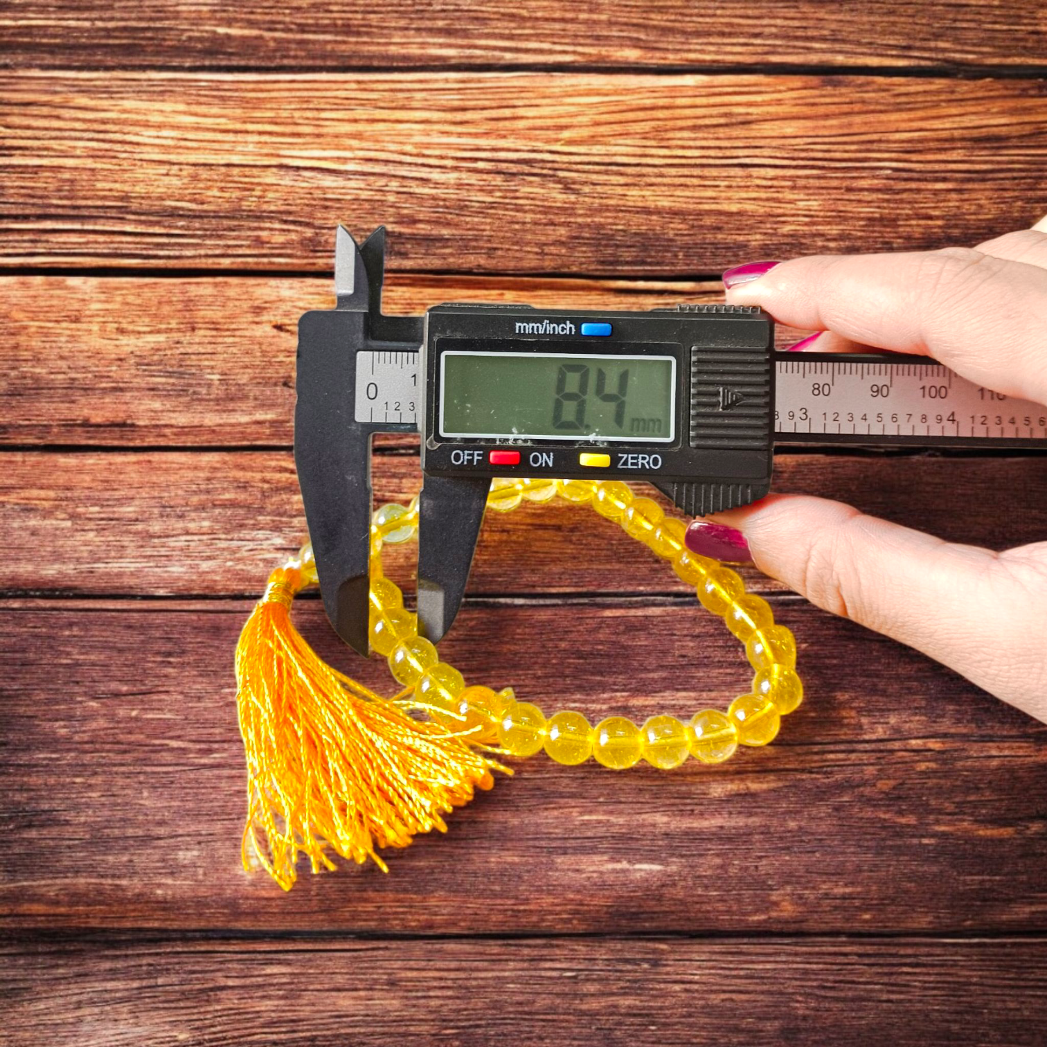 Compact Citrine Mala with 27+1 lab-certified 8mm crystal beads, ideal for chanting, meditation, and travel