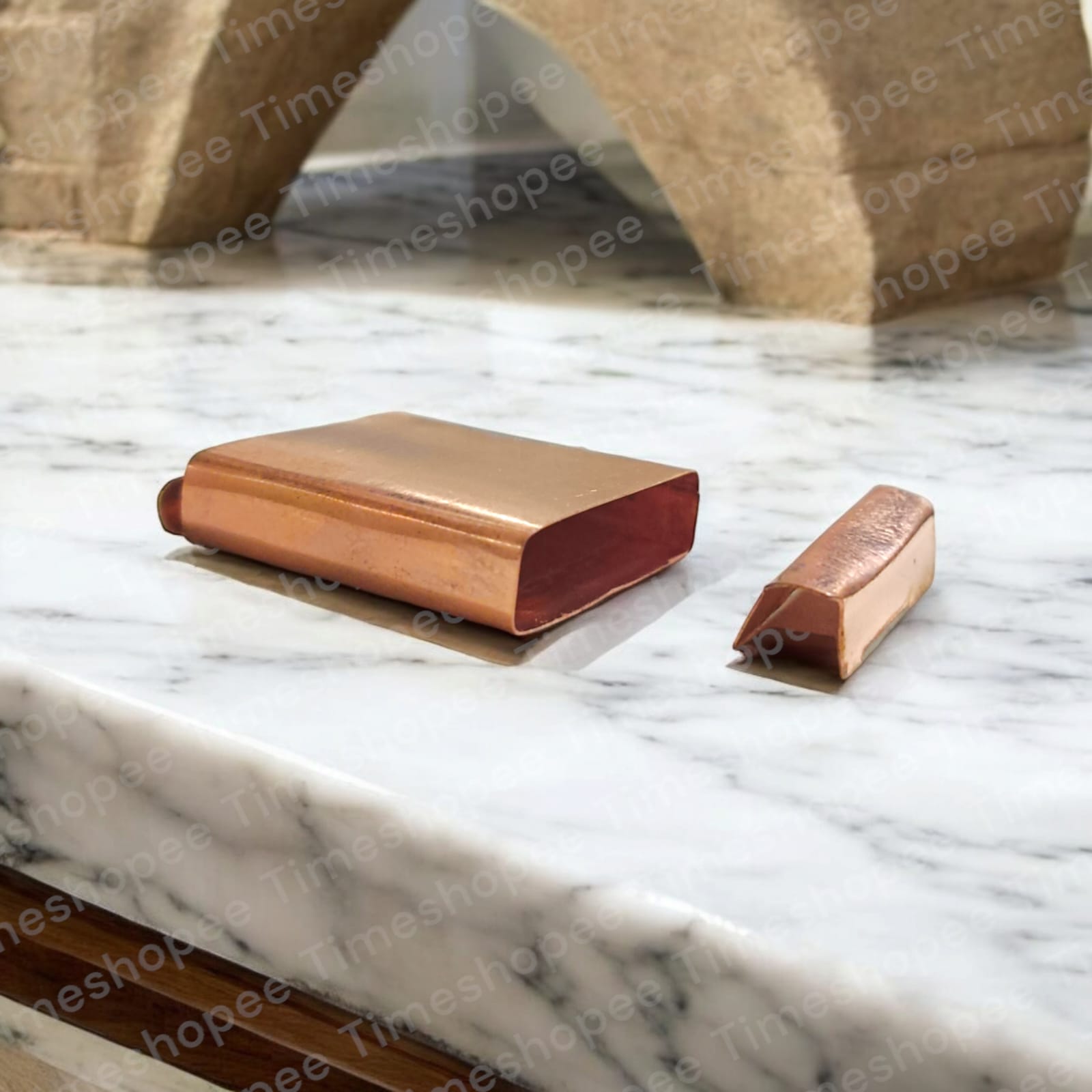 Copper Square Taweez set of 5, golden color, 21.7MM and 26.7MM sizes with free Bhojpatra sheet, ideal for Muslim Tantra and spiritual practices.