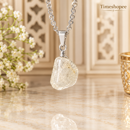 Crystal Quartz Pendant Rough Raw Stone with Chain, Lab Certified, available at Timeshopee