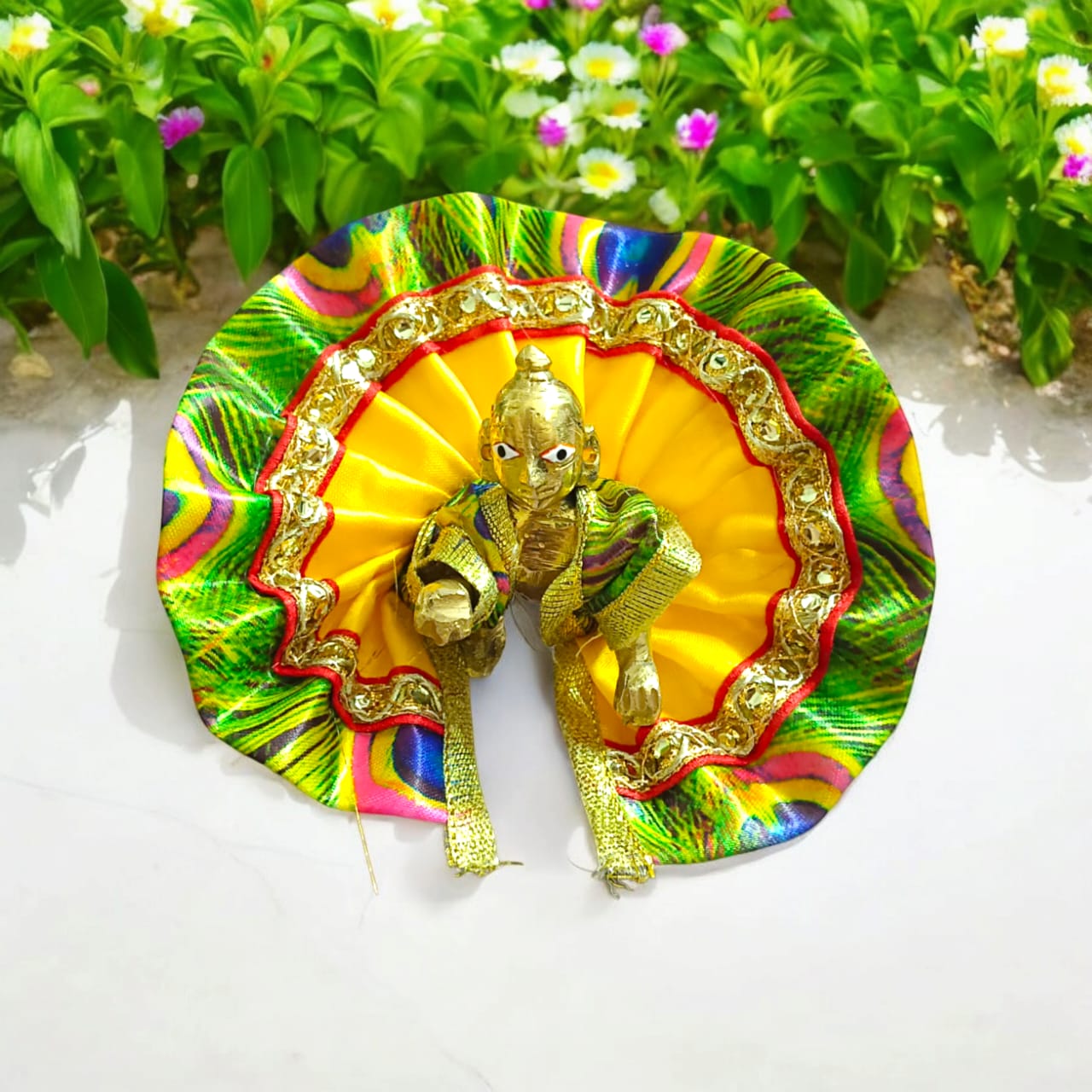 Designer peacock style Laddu Gopal dress for Size 1 No., featuring intricate peacock feather patterns, ideal for daily pooja and festivals.