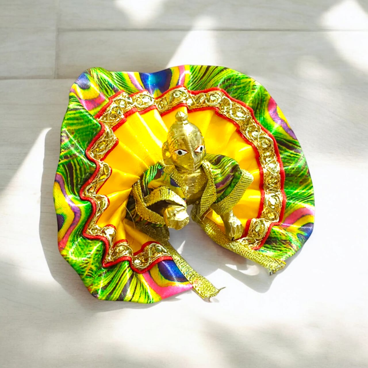 Designer peacock style Laddu Gopal dress for Size 1 No., featuring intricate peacock feather patterns, ideal for daily pooja and festivals.