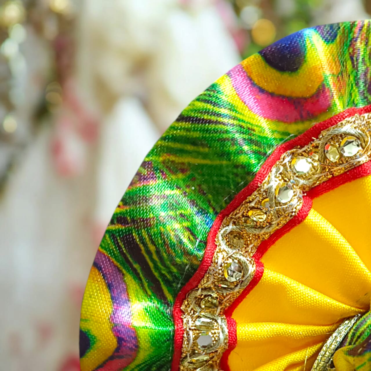 Designer peacock style Laddu Gopal dress for Size 1 No., featuring intricate peacock feather patterns, ideal for daily pooja and festivals.