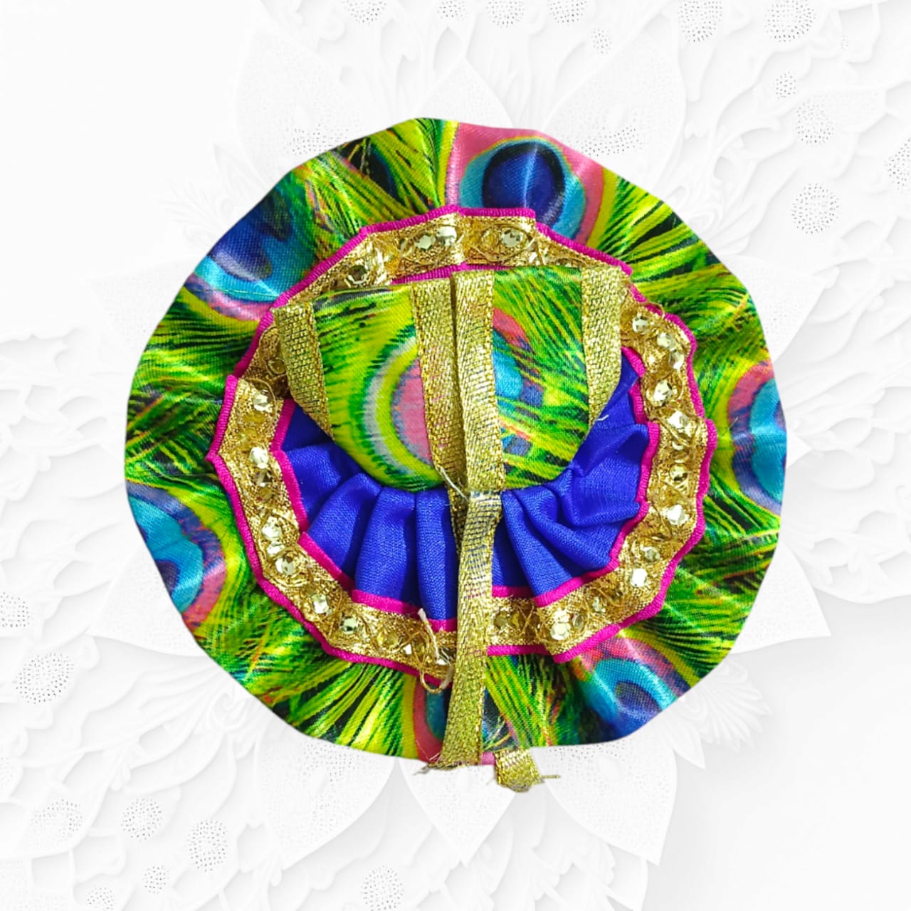 Designer peacock style Laddu Gopal dress for Size 1 No., featuring intricate peacock feather patterns, ideal for daily pooja and festivals.