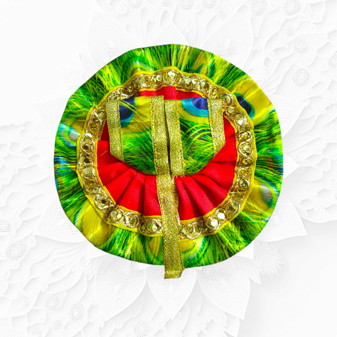 Designer peacock style Laddu Gopal dress for Size 1 No., featuring intricate peacock feather patterns, ideal for daily pooja and festivals.