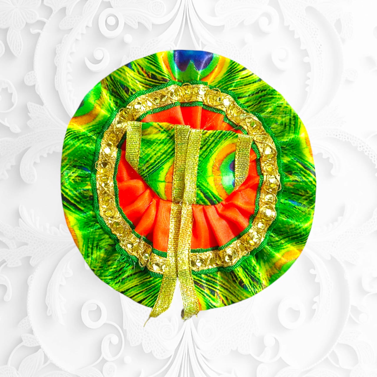 Designer peacock style Laddu Gopal dress for Size 1 No., featuring intricate peacock feather patterns, ideal for daily pooja and festivals.