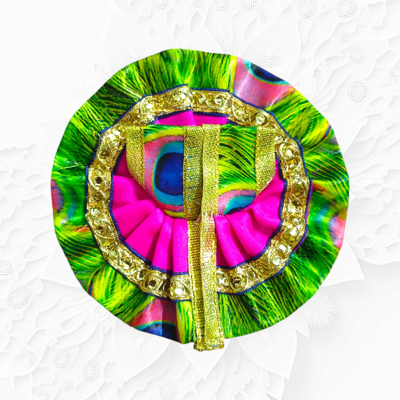 Designer peacock style Laddu Gopal dress for Size 1 No., featuring intricate peacock feather patterns, ideal for daily pooja and festivals.