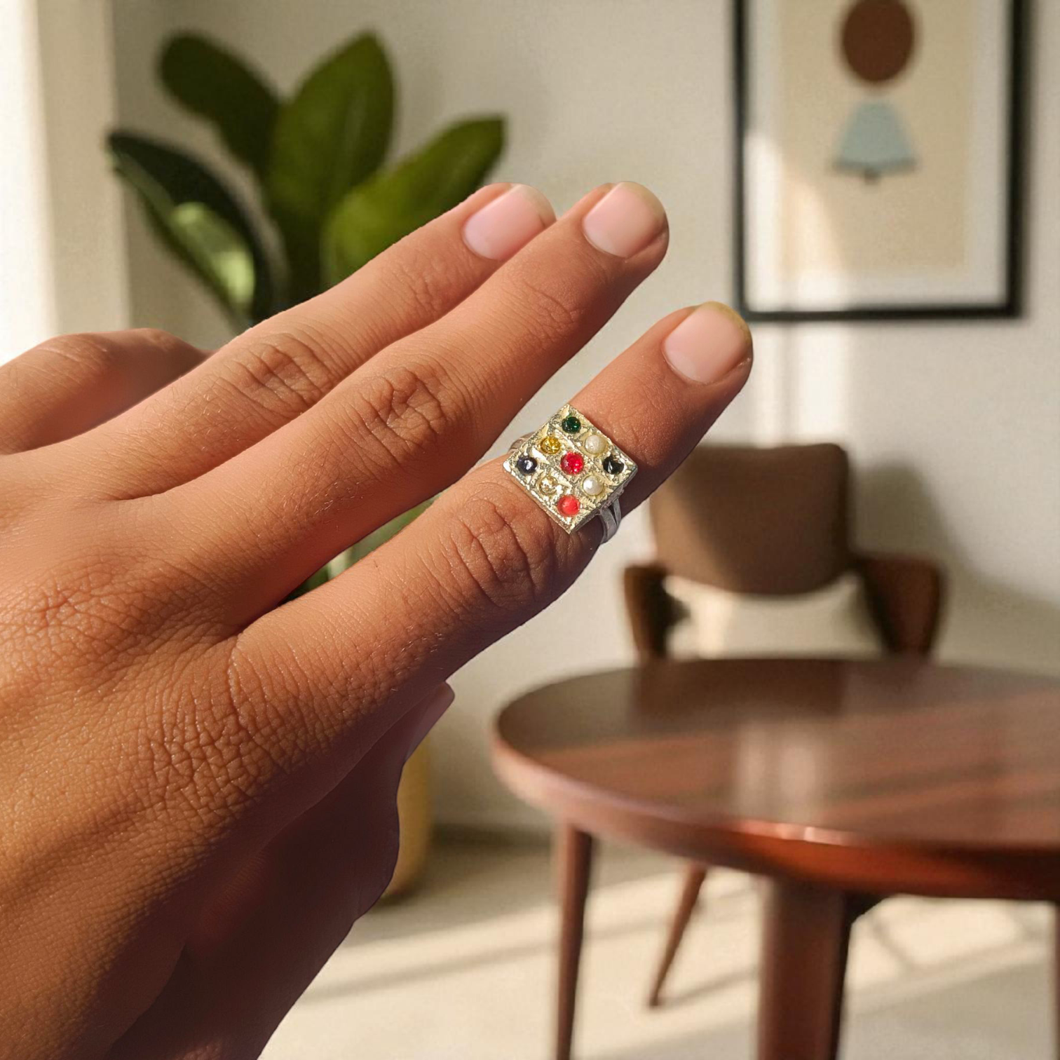 Elegant Navratan ring with a square-shaped design featuring nine vibrant gemstones, available at Timeshopee.