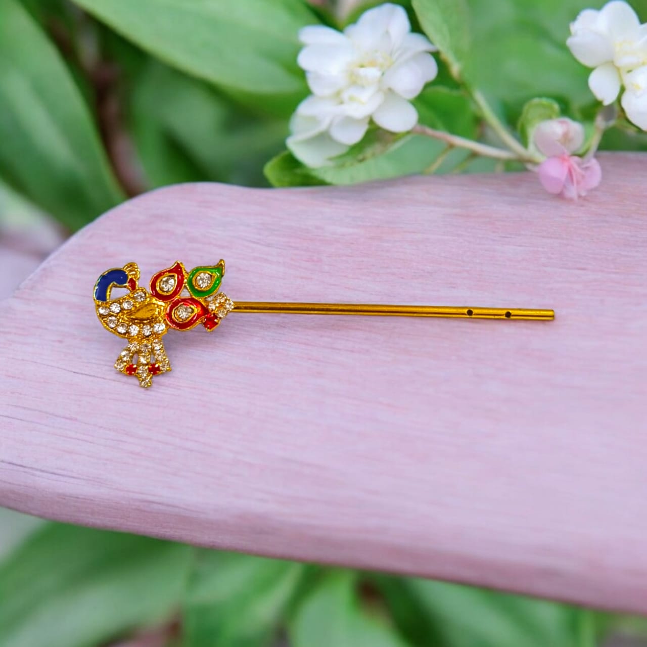 Extra-large Laddu Gopal bansuri with peacock and zircon design, a 58mm decorative flute for Krishna Ji, perfect for festivals and daily pooja decor.