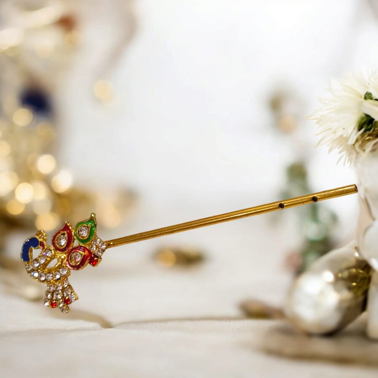 Extra-large Laddu Gopal bansuri with peacock and zircon design, a 58mm decorative flute for Krishna Ji, perfect for festivals and daily pooja decor.