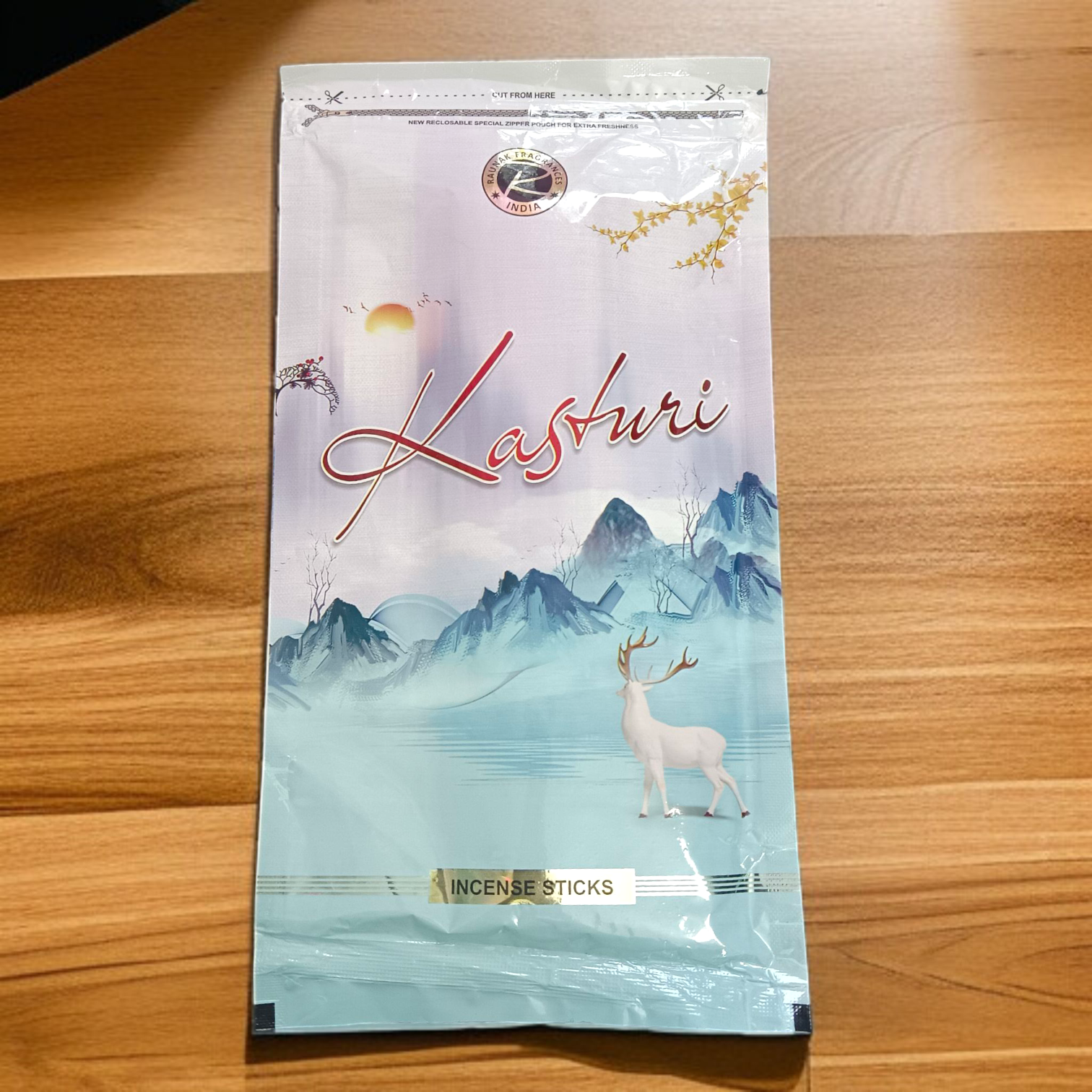 Fragrance Kasturi Incense Sticks in a 130-gram zipper pack, offering a soothing earthy aroma for home and spiritual use.