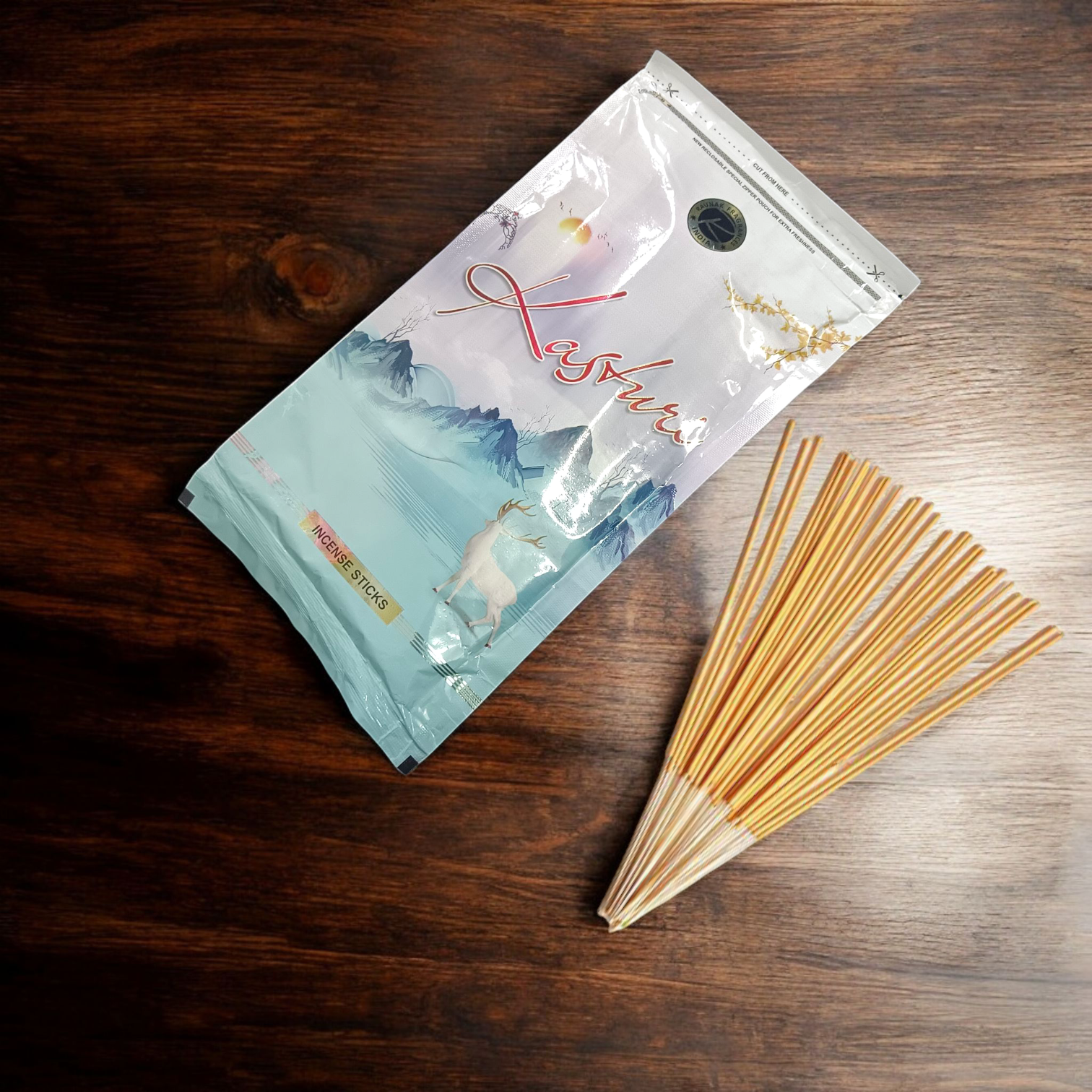 Fragrance Kasturi Incense Sticks in a 130-gram zipper pack, offering a soothing earthy aroma for home and spiritual use.