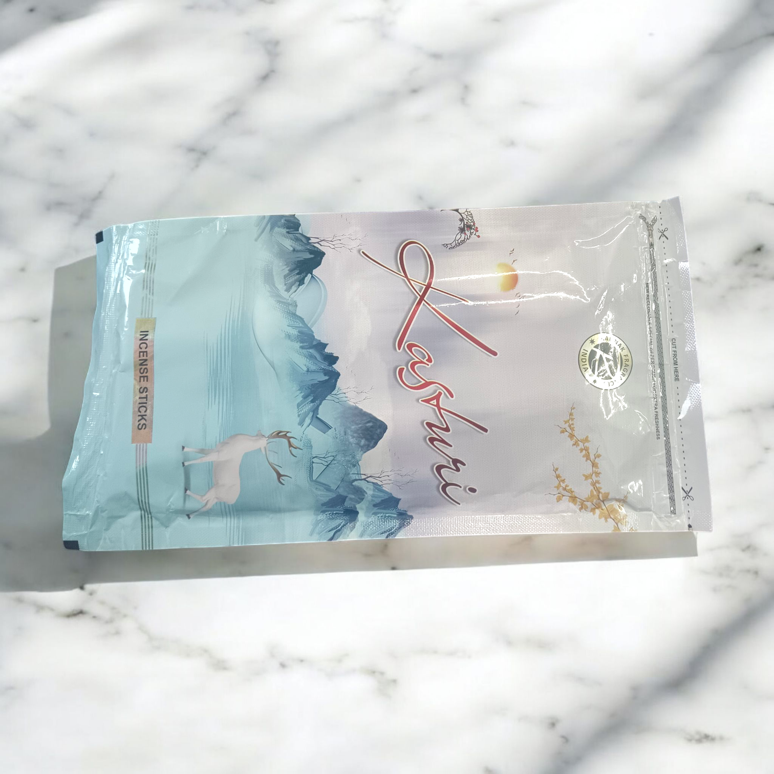 Fragrance Kasturi Incense Sticks in a 130-gram zipper pack, offering a soothing earthy aroma for home and spiritual use.