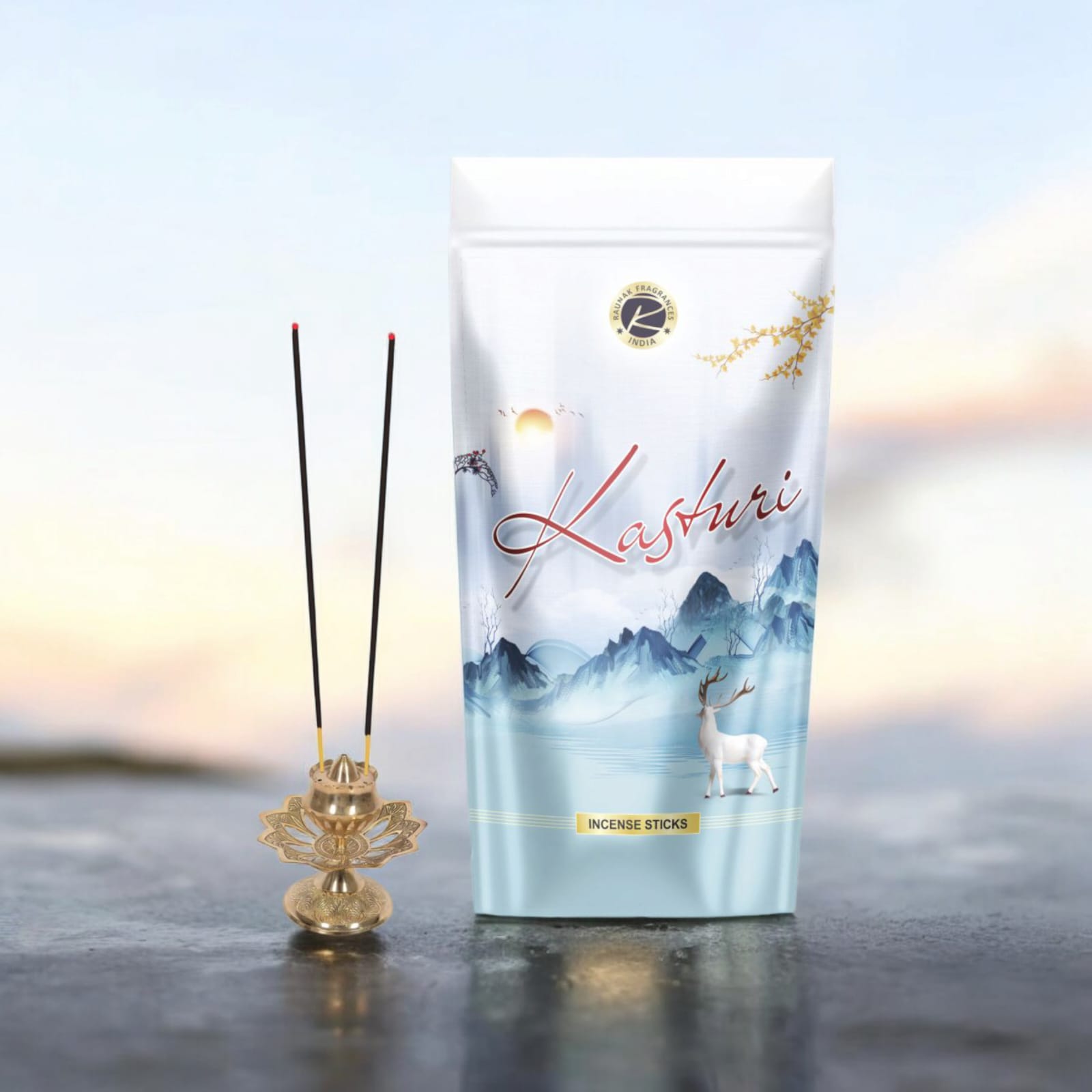 Fragrance Kasturi Incense Sticks in a 130-gram zipper pack, offering a soothing earthy aroma for home and spiritual use.