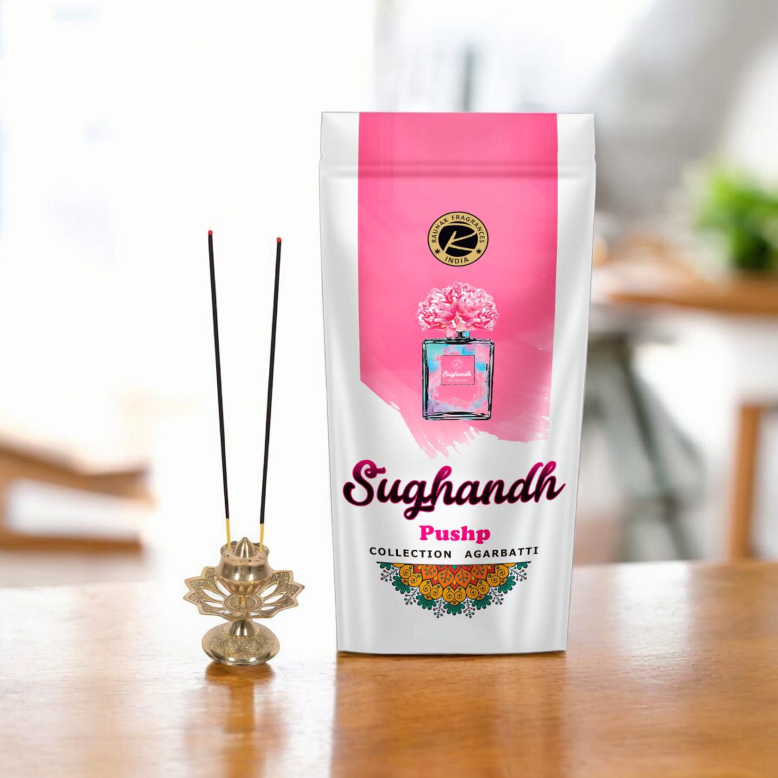 Fragrance Sugandh Pushp Incense Sticks in a 130-gram zipper pack, offering a floral aroma for meditation and home use.
