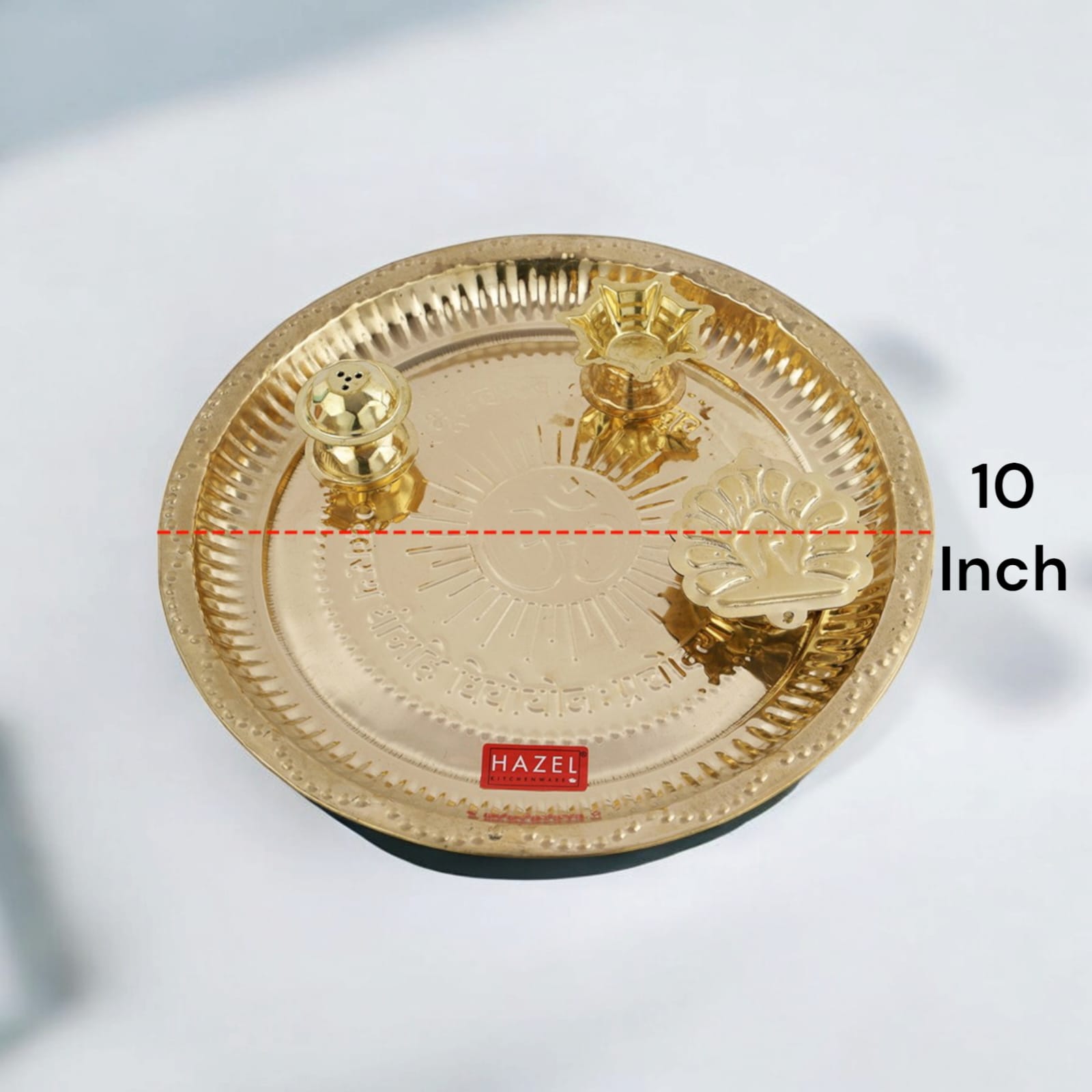 Golden Brass Pooja Aarti Thali by Timeshopee, 10-inch diameter, perfect for rituals and gifting.