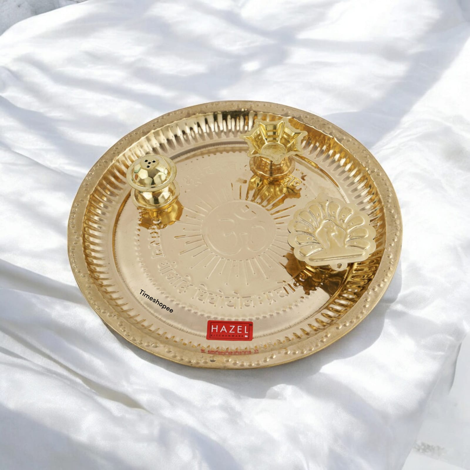 Golden Brass Pooja Aarti Thali by Timeshopee, 10-inch diameter, perfect for rituals and gifting.