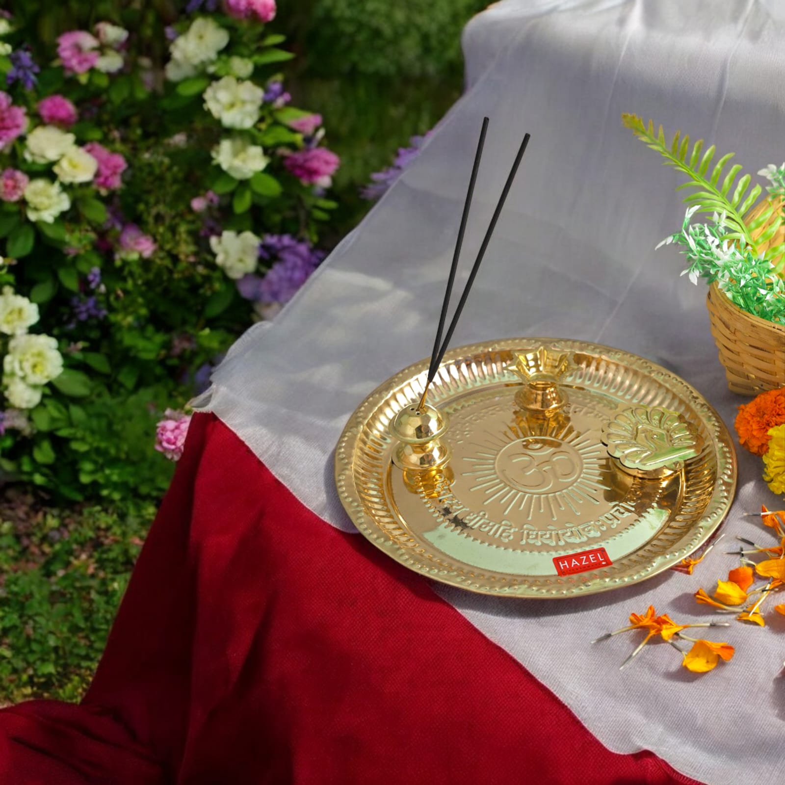 Golden Brass Pooja Aarti Thali by Timeshopee, 10-inch diameter, perfect for rituals and gifting.