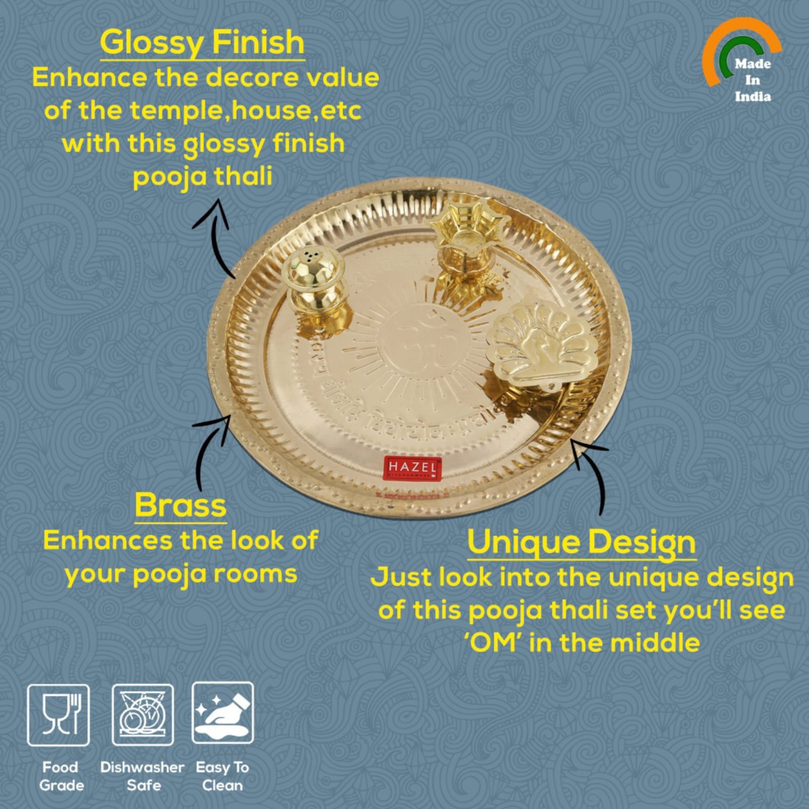 Golden Brass Pooja Aarti Thali by Timeshopee, 10-inch diameter, perfect for rituals and gifting.