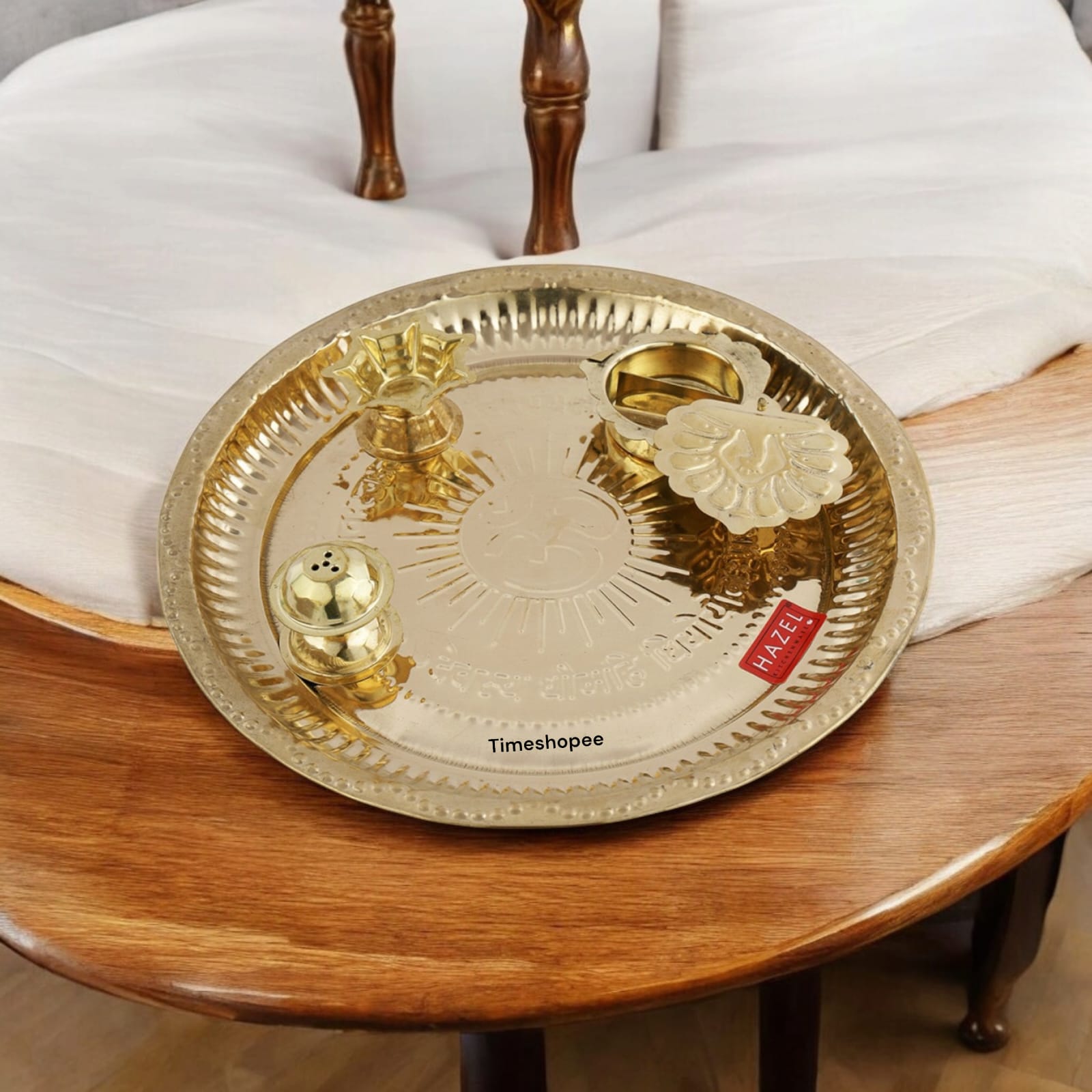 Golden Brass Pooja Aarti Thali by Timeshopee, 10-inch diameter, perfect for rituals and gifting.