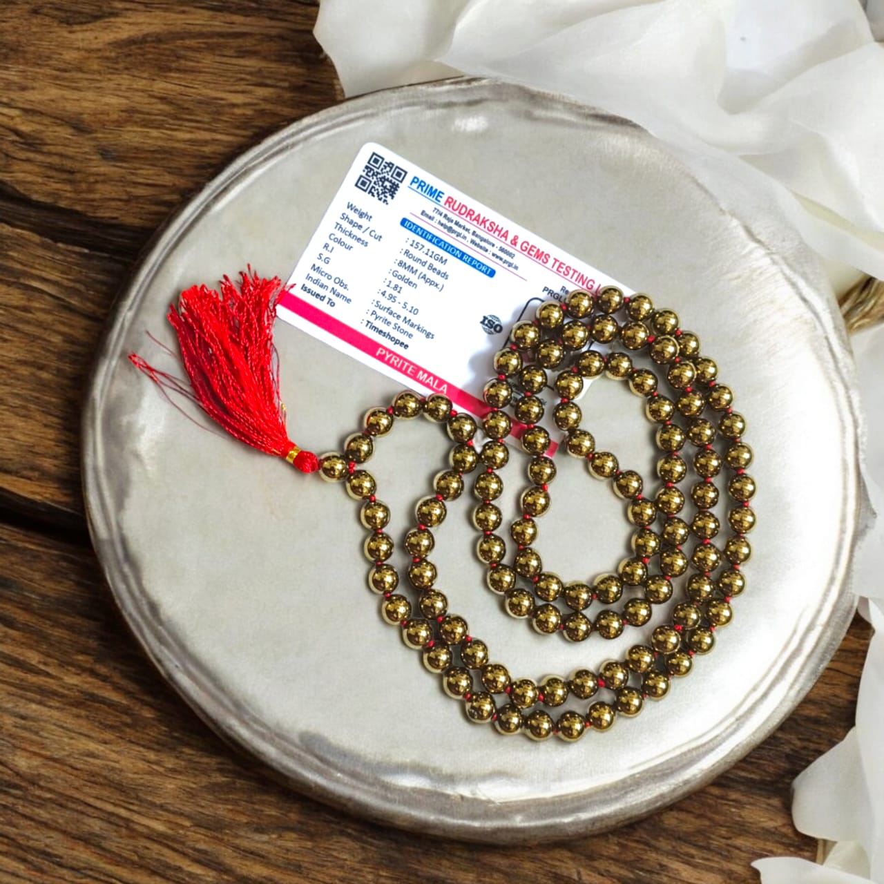 Golden Pyrite Mala 108+1 Beads - Lab Certified, Radiant Golden Pyrite Mala by Timeshopee-Online Religious Store