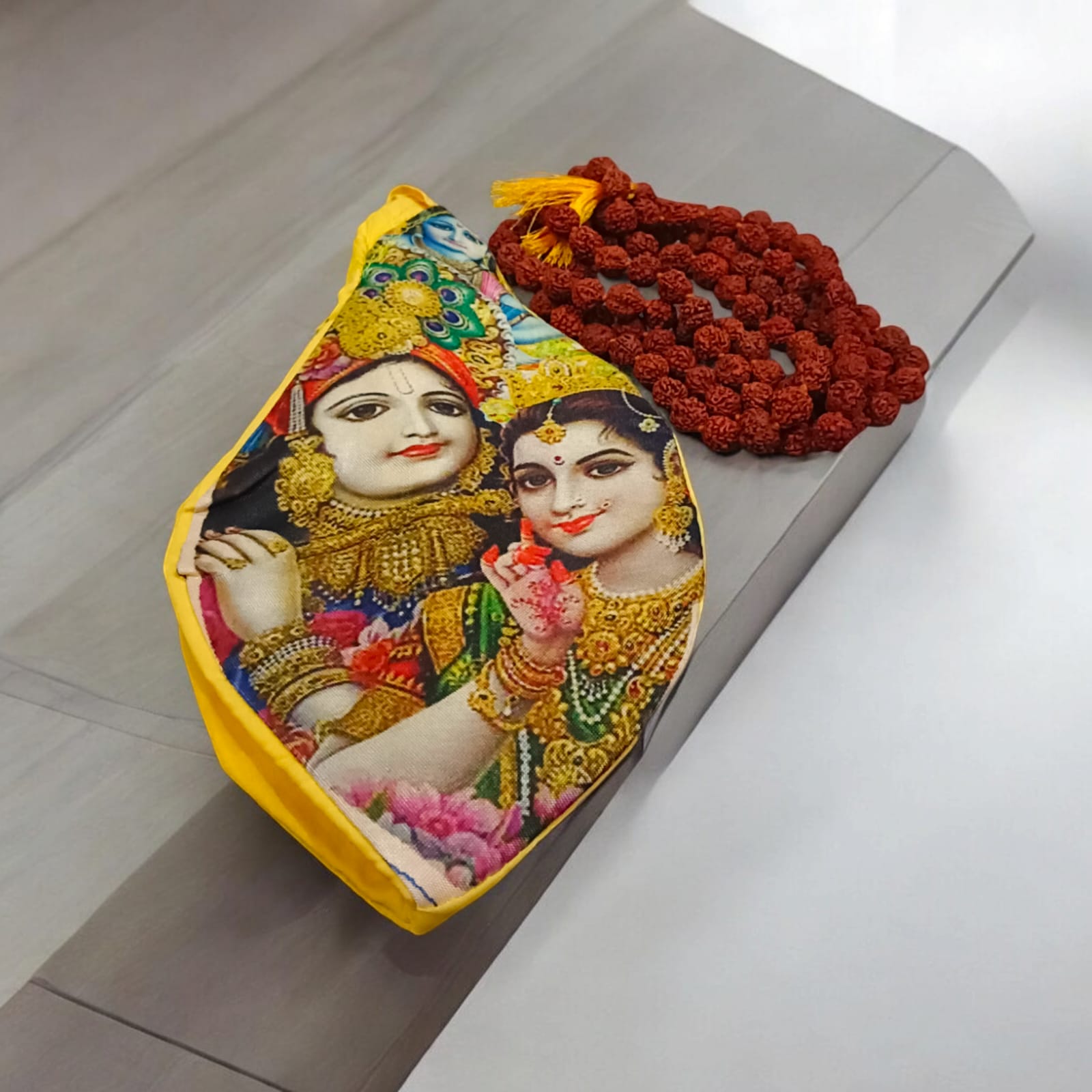 Goumukhi Radha Krishna Bag with a vibrant Radha Krishna print, designed for holding prayer beads, from Timeshopee.