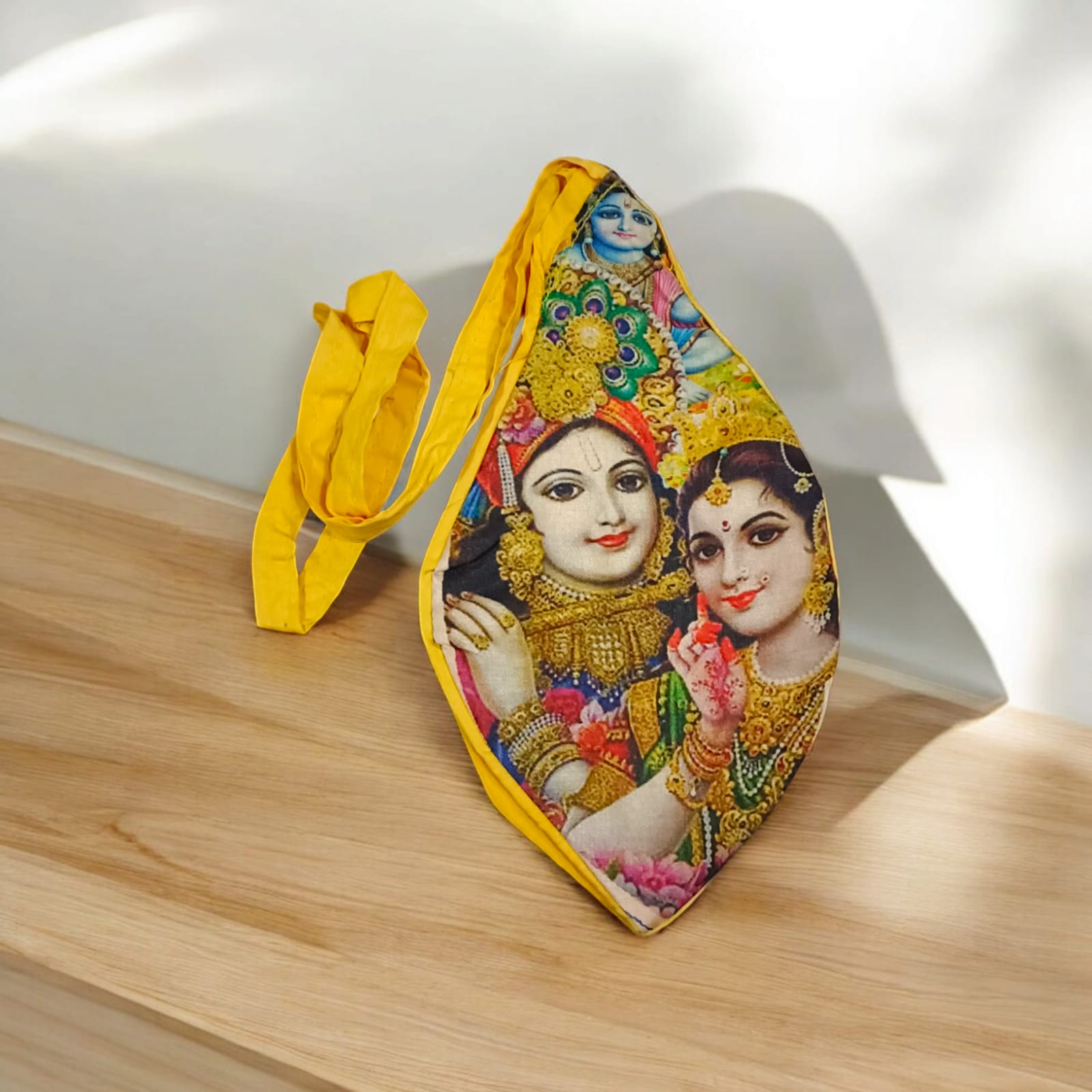 Goumukhi Radha Krishna Bag with a vibrant Radha Krishna print, designed for holding prayer beads, from Timeshopee.