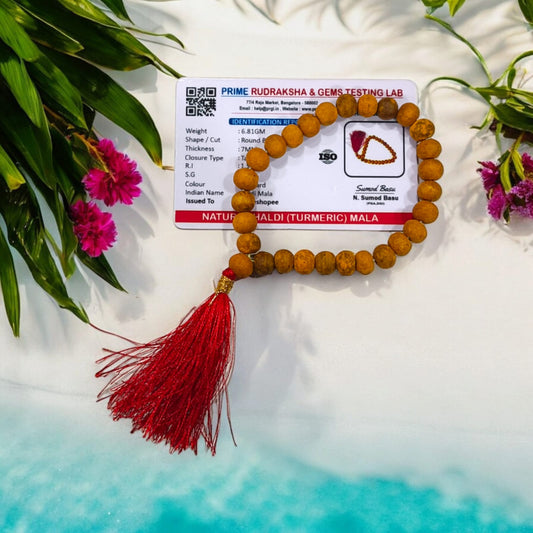 Haldi Mala with 27+1 lab-certified 7MM natural turmeric beads for mantra chanting and meditation.