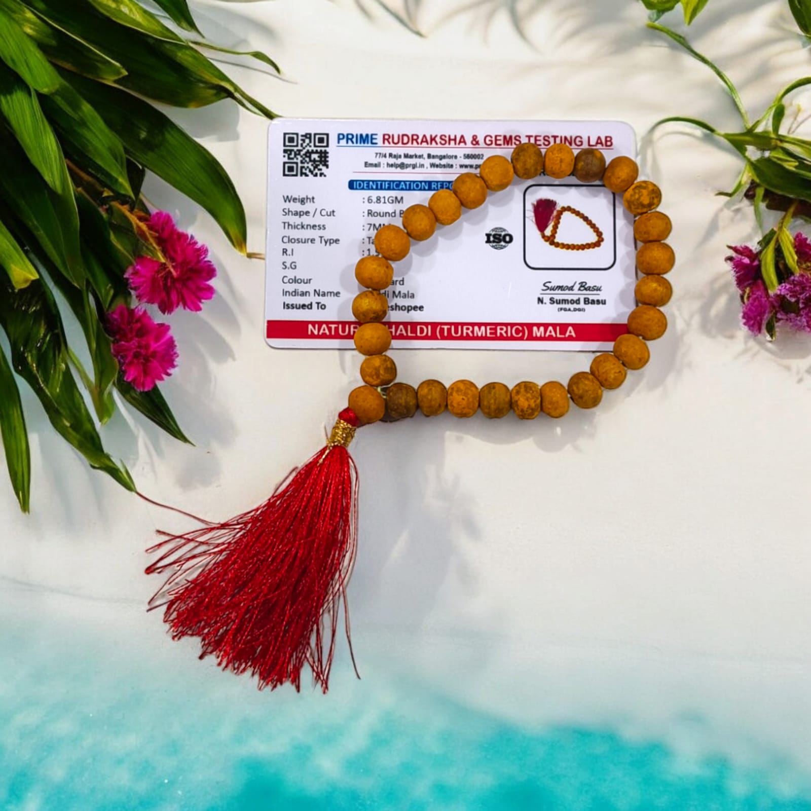 Haldi Mala with 27+1 lab-certified 7MM natural turmeric beads for mantra chanting and meditation.