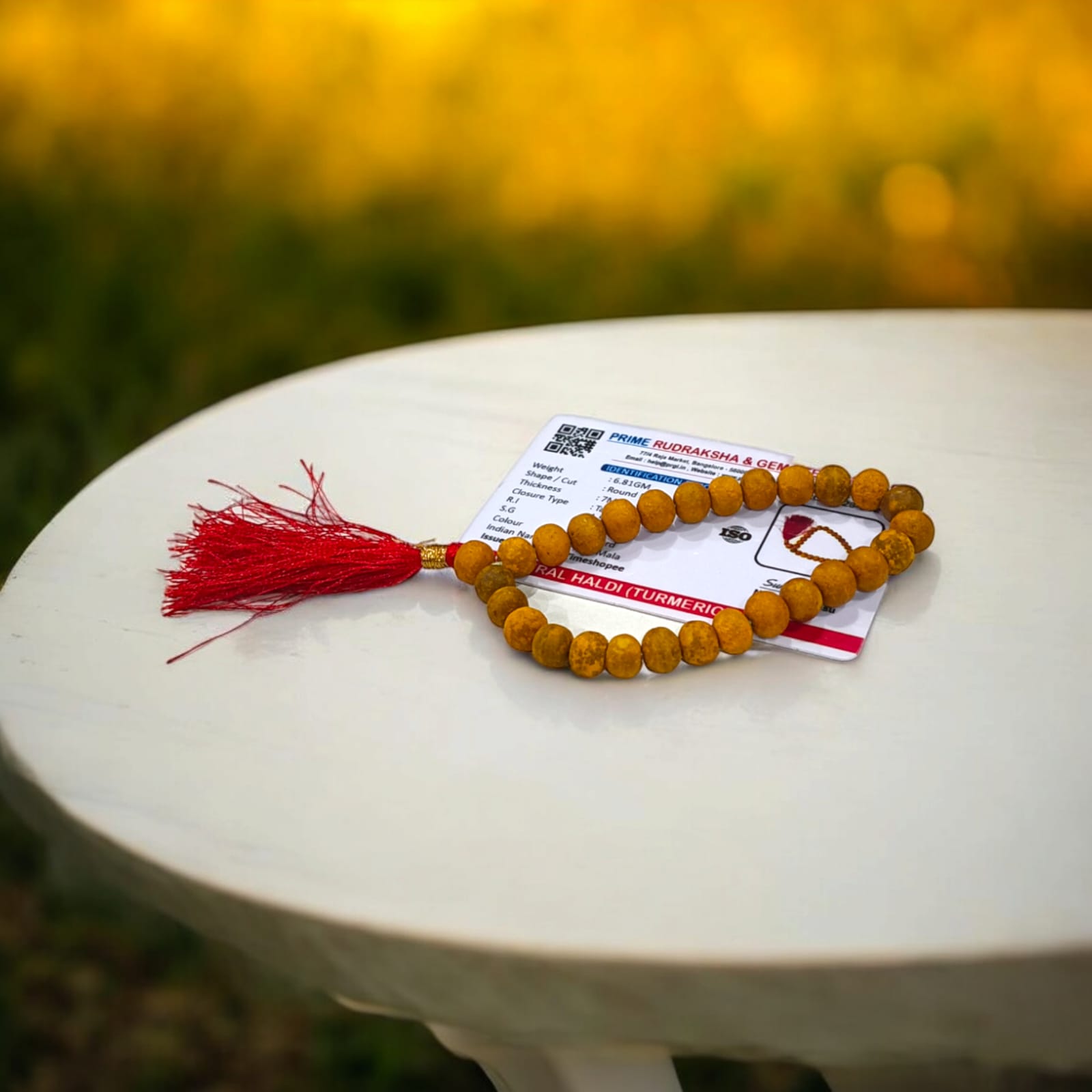 Haldi Mala with 27+1 lab-certified 7MM natural turmeric beads for mantra chanting and meditation.