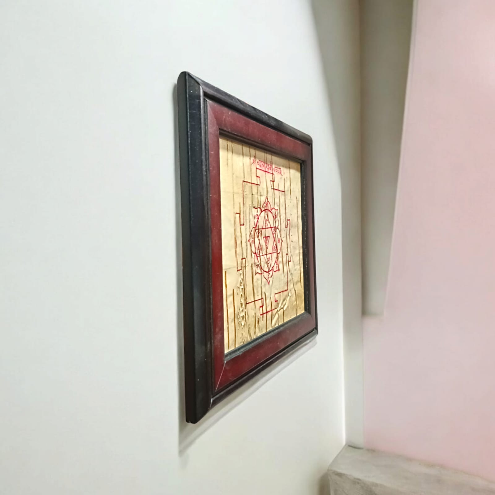 Handmade Baglamukhi Kawach on Bhojpatra with a wooden frame, 17x19 cm, for home and office temples.