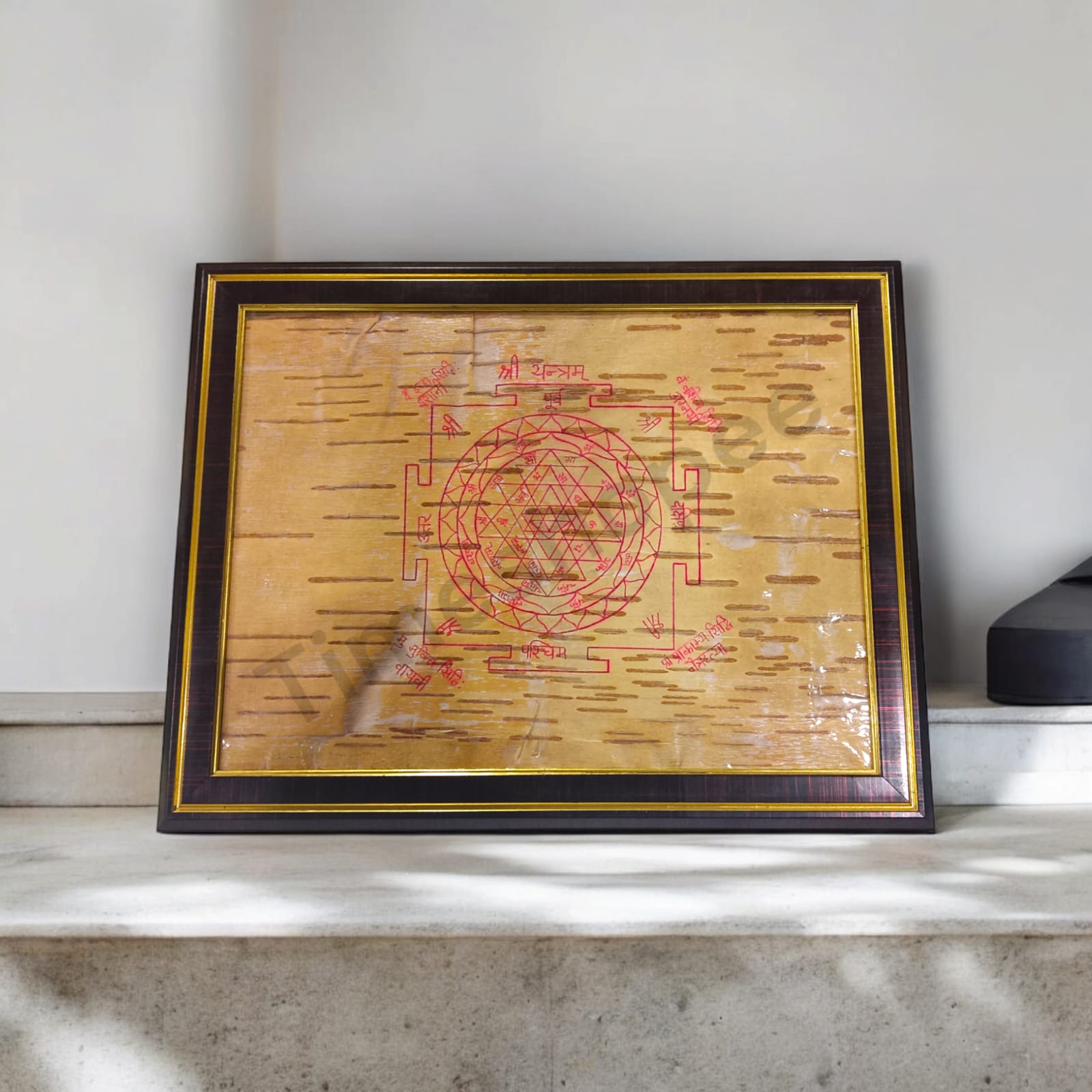 Handmade Shri Yantra on Bhojpatra, showcasing intricate craftsmanship and traditional design.