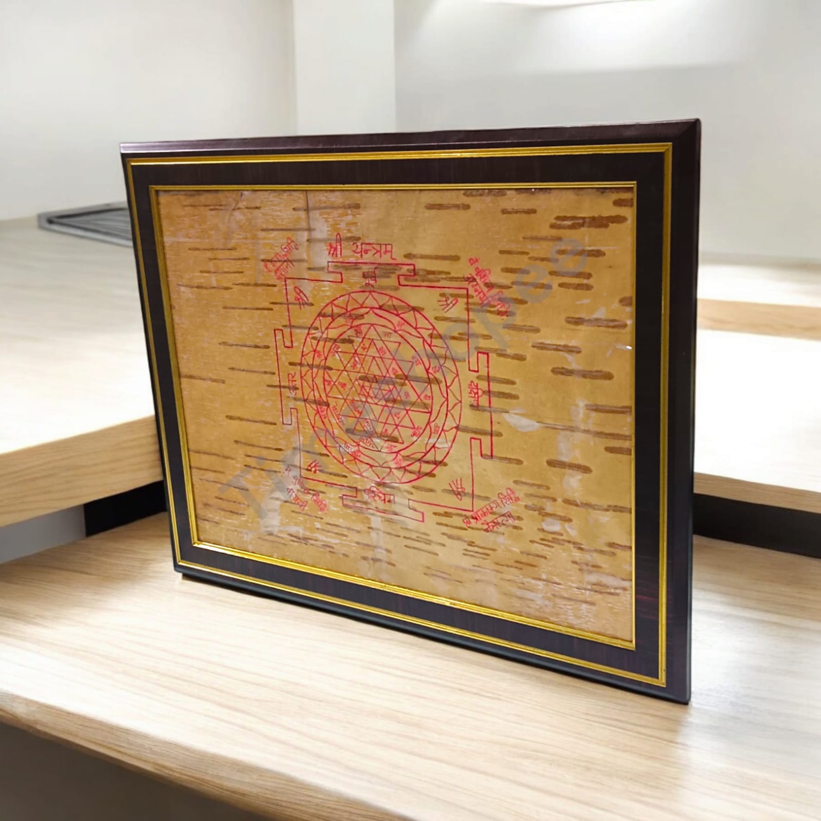 Handmade Shri Yantra on Bhojpatra, showcasing intricate craftsmanship and traditional design.