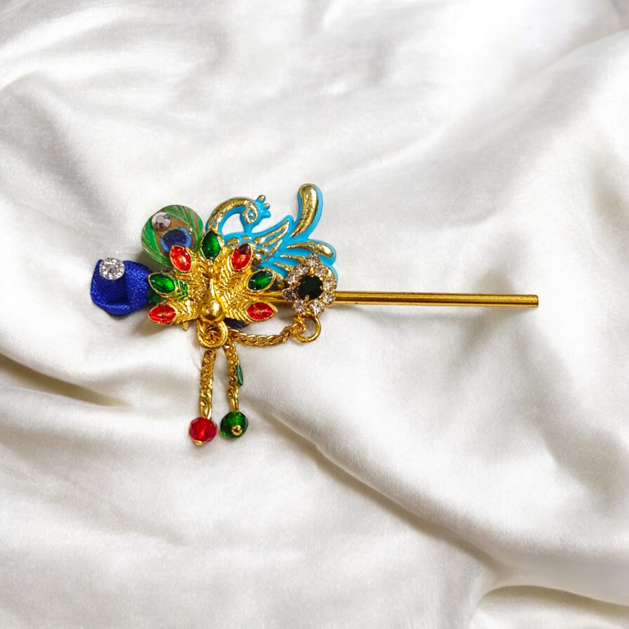 Heavy designer Laddu Gopal bansuri with peacock and zircon design, 36mm decorative flute for Krishna Ji, ideal for pooja and festive decor.