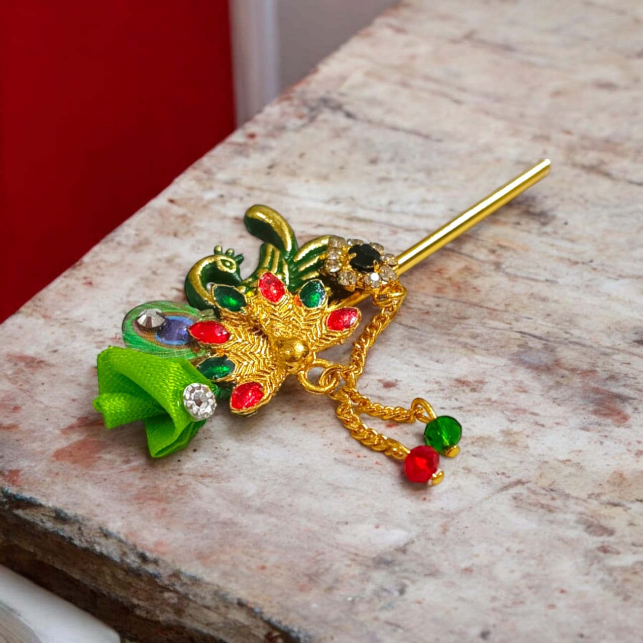 Heavy designer Laddu Gopal bansuri with peacock and zircon design, 36mm decorative flute for Krishna Ji, ideal for pooja and festive decor.