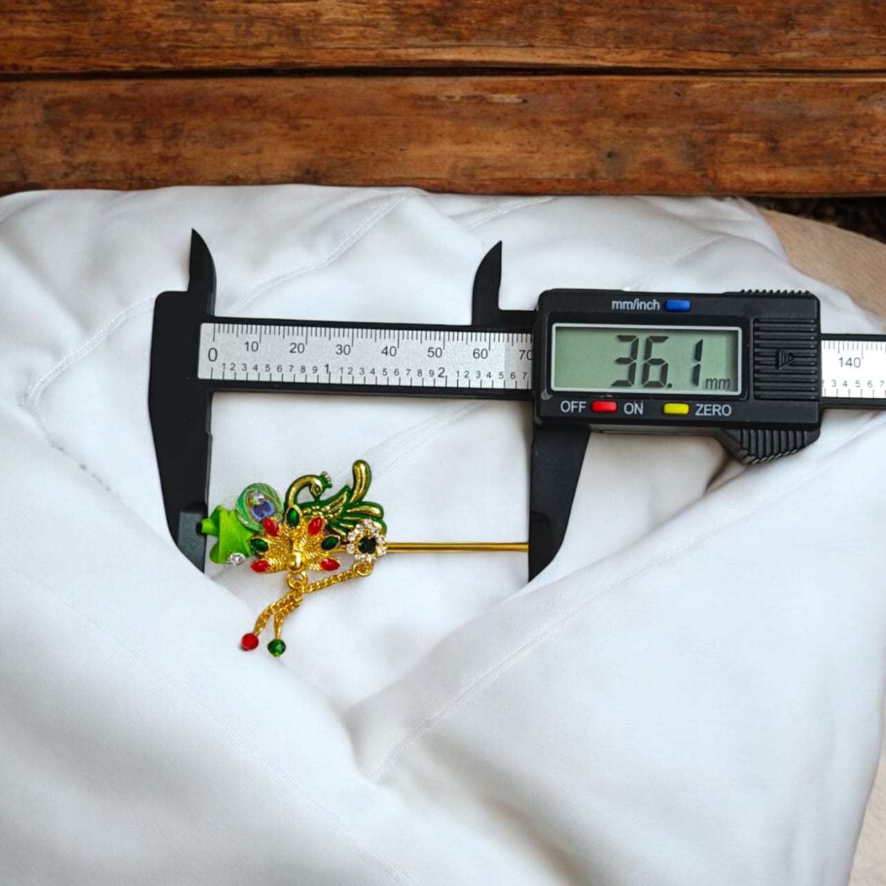 Heavy designer Laddu Gopal bansuri with peacock and zircon design, 36mm decorative flute for Krishna Ji, ideal for pooja and festive decor.