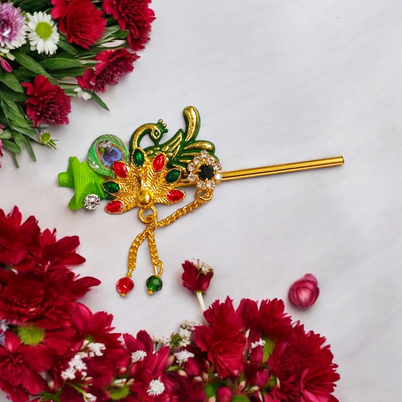 Heavy designer Laddu Gopal bansuri with peacock and zircon design, 36mm decorative flute for Krishna Ji, ideal for pooja and festive decor.