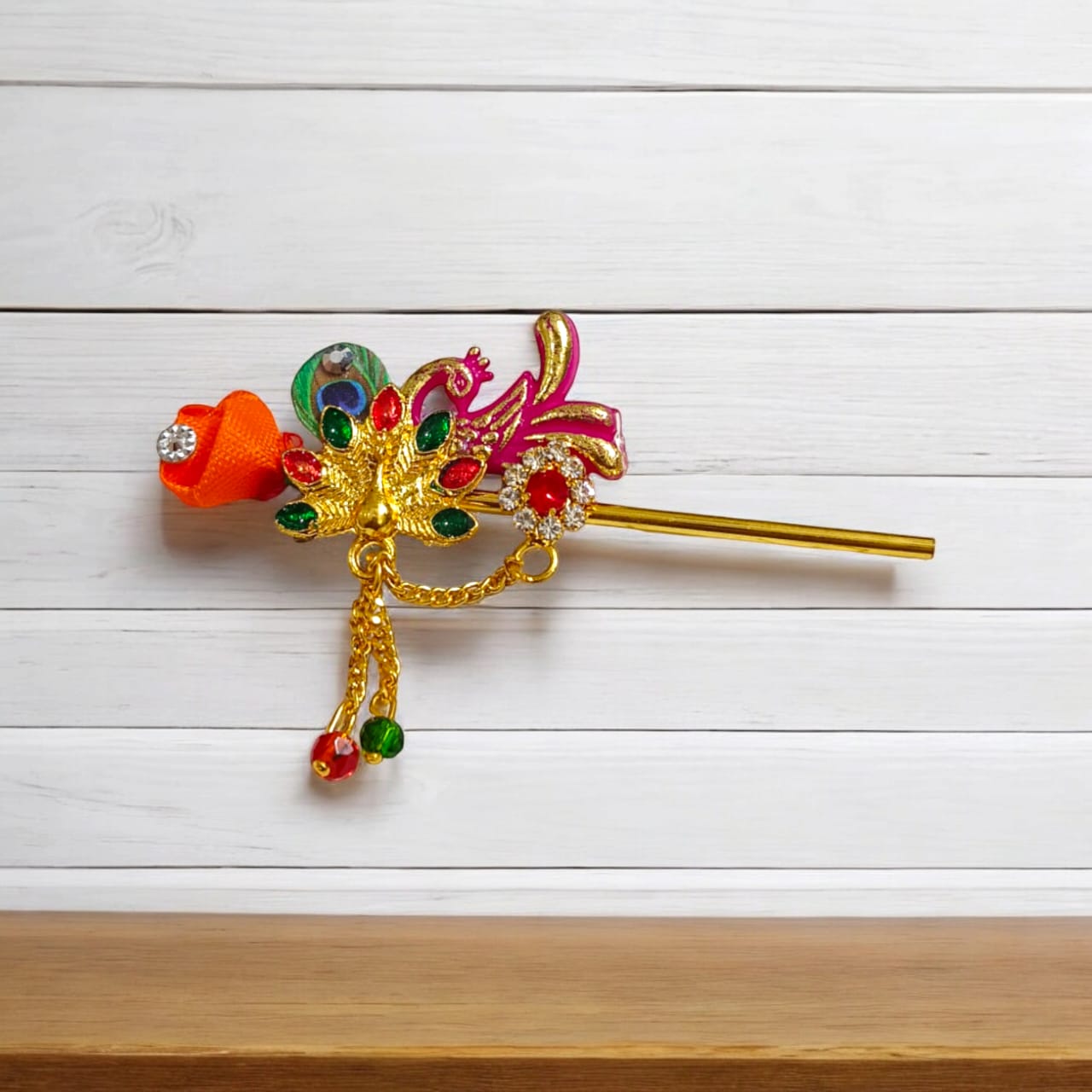 Heavy designer Laddu Gopal bansuri with peacock and zircon design, 36mm decorative flute for Krishna Ji, ideal for pooja and festive decor.