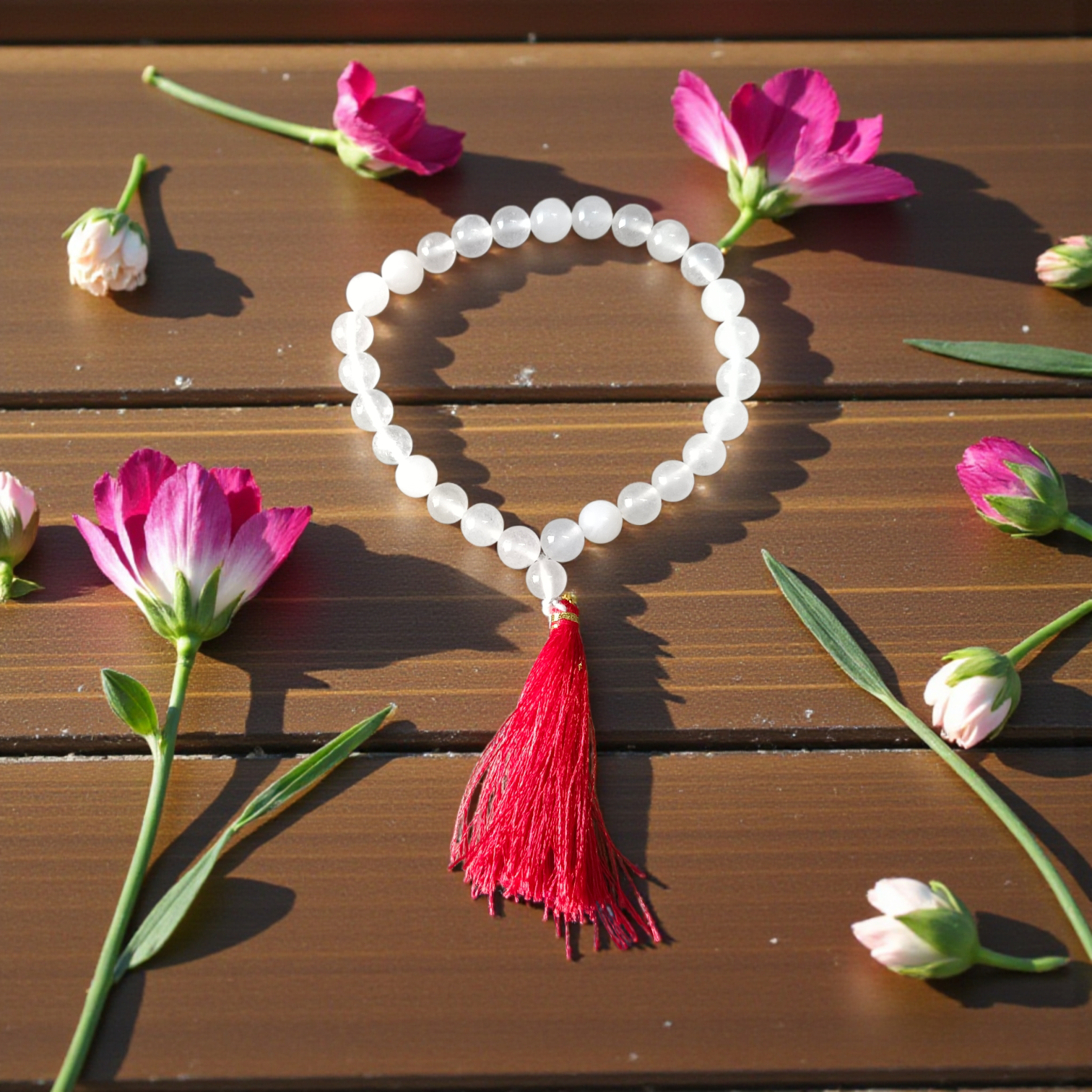 High-quality Crystal (Sphatik) Mala with 108+1 transparent 8MM beads, ideal for meditation and spiritual healing, displayed on a white background
