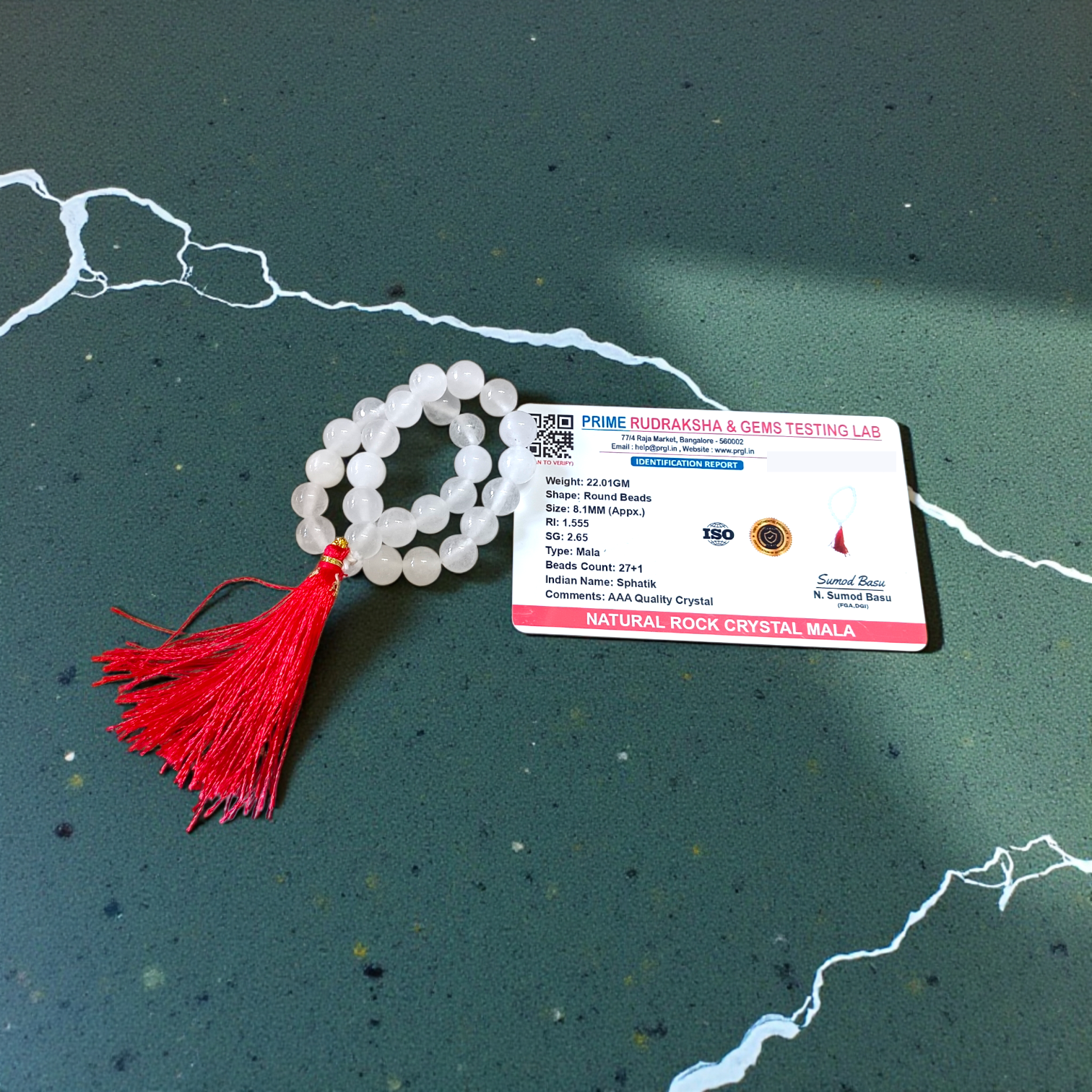 High-quality Crystal (Sphatik) Mala with 108+1 transparent 8MM beads, ideal for meditation and spiritual healing, displayed on a white background