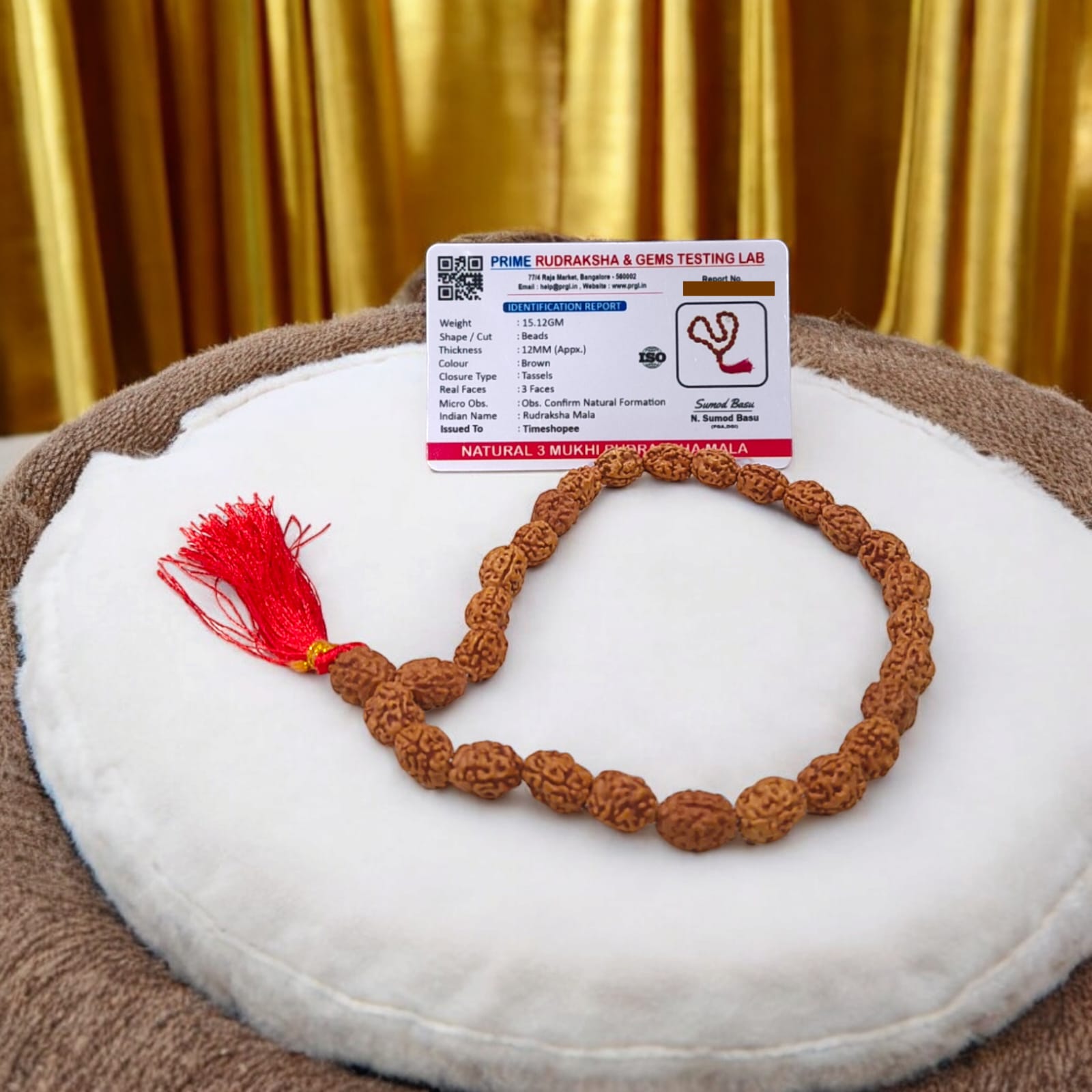 High-quality image of 3 Mukhi Rudraksha Mala in 27+1 and 108+1 bead variants, handcrafted and spiritually energized, displayed with a clean spiritual background