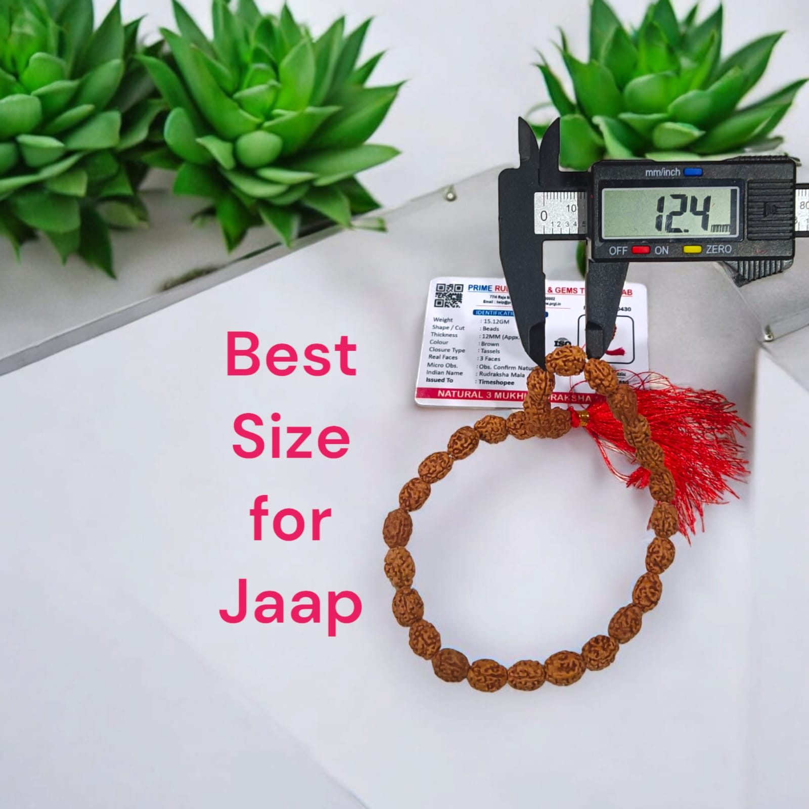 High-quality image of 3 Mukhi Rudraksha Mala in 27+1 and 108+1 bead variants, handcrafted and spiritually energized, displayed with a clean spiritual background.