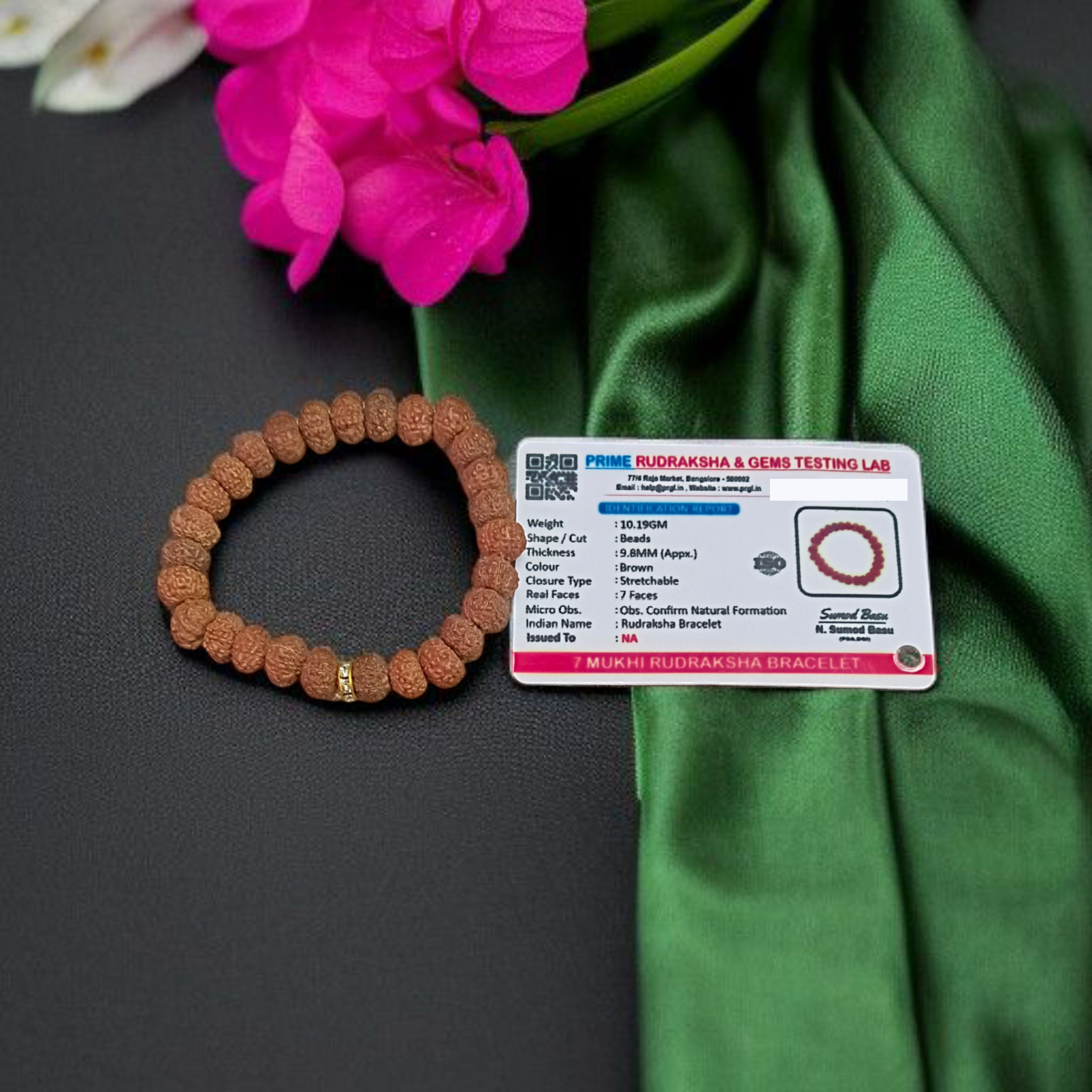 Image of 7 Mukhi Rudraksha Bracelet with 9mm natural brown beads, arranged in a stretchable circular form, set against a neutral background
