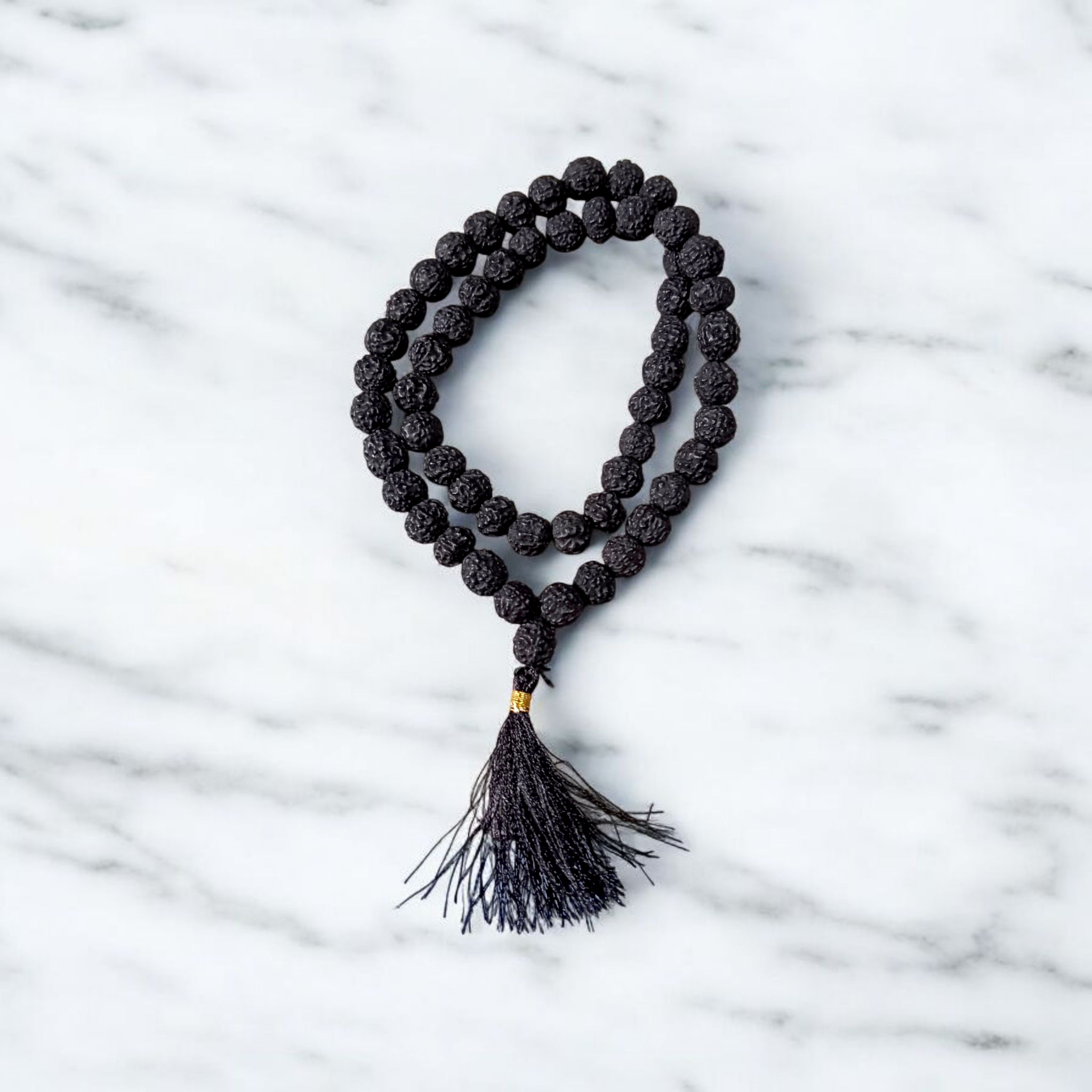 Image of Black Rudraksha Mala with 54+1 lab-certified 8–9mm beads, hand-knotted for mantra chanting, meditation, and spiritual wear — offered by Timeshopee