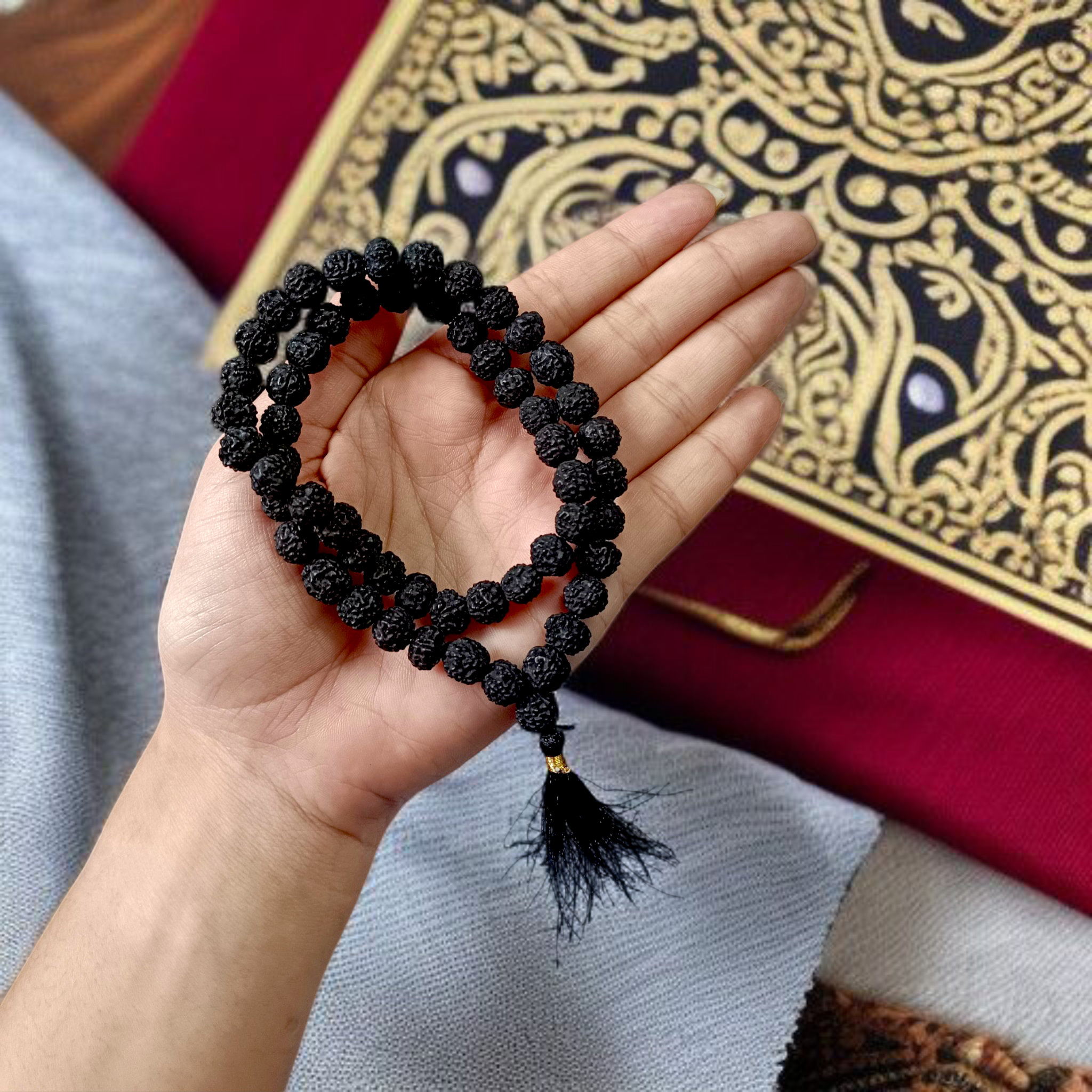 Image of Black Rudraksha Mala with 54+1 lab-certified 8–9mm beads, hand-knotted for mantra chanting, meditation, and spiritual wear — offered by Timeshopee