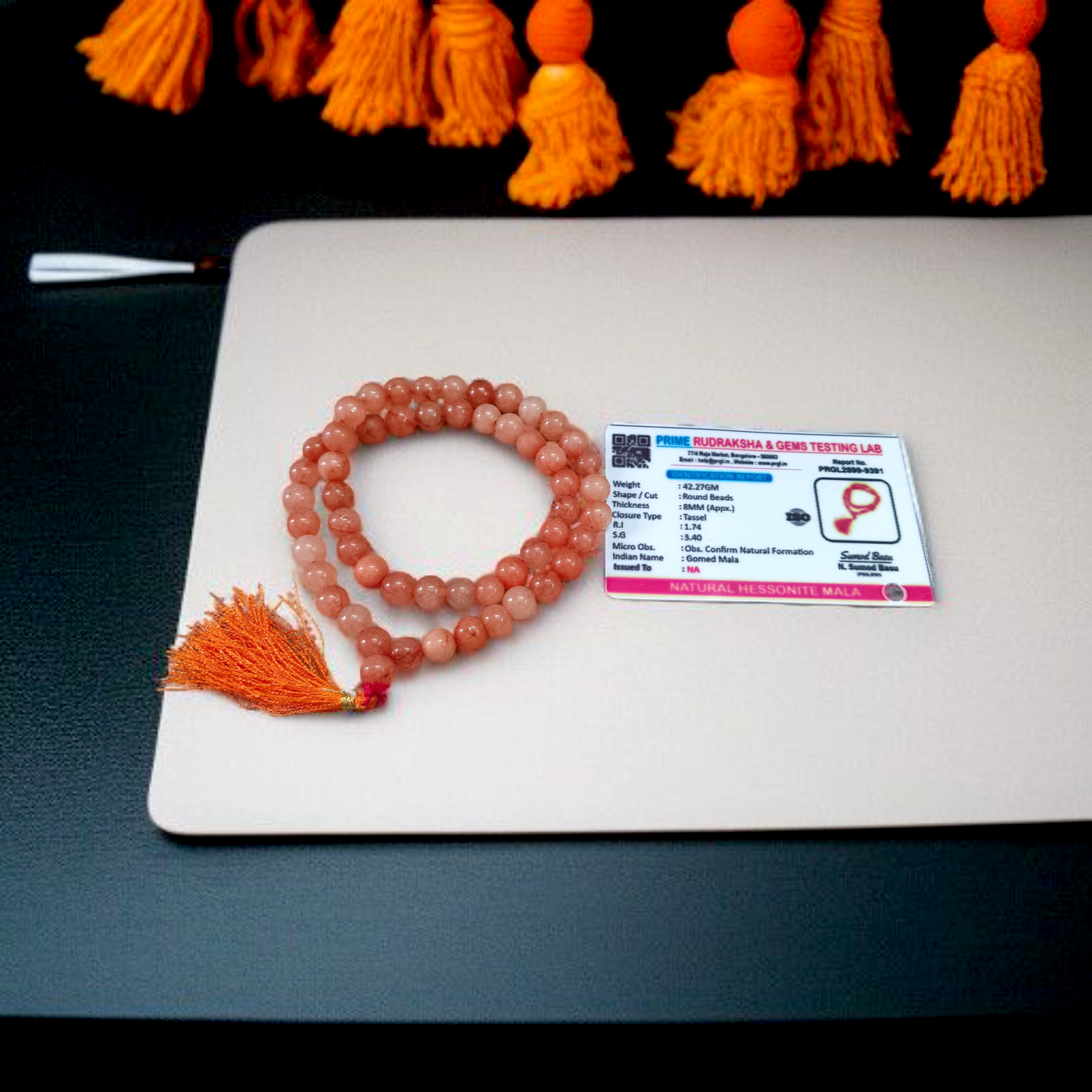 Image of Gomed Mala (Hessonite) with 54+1 polished 8mm dark honey-brown beads, strung for Vedic astrology, Rahu remedies, and spiritual meditation