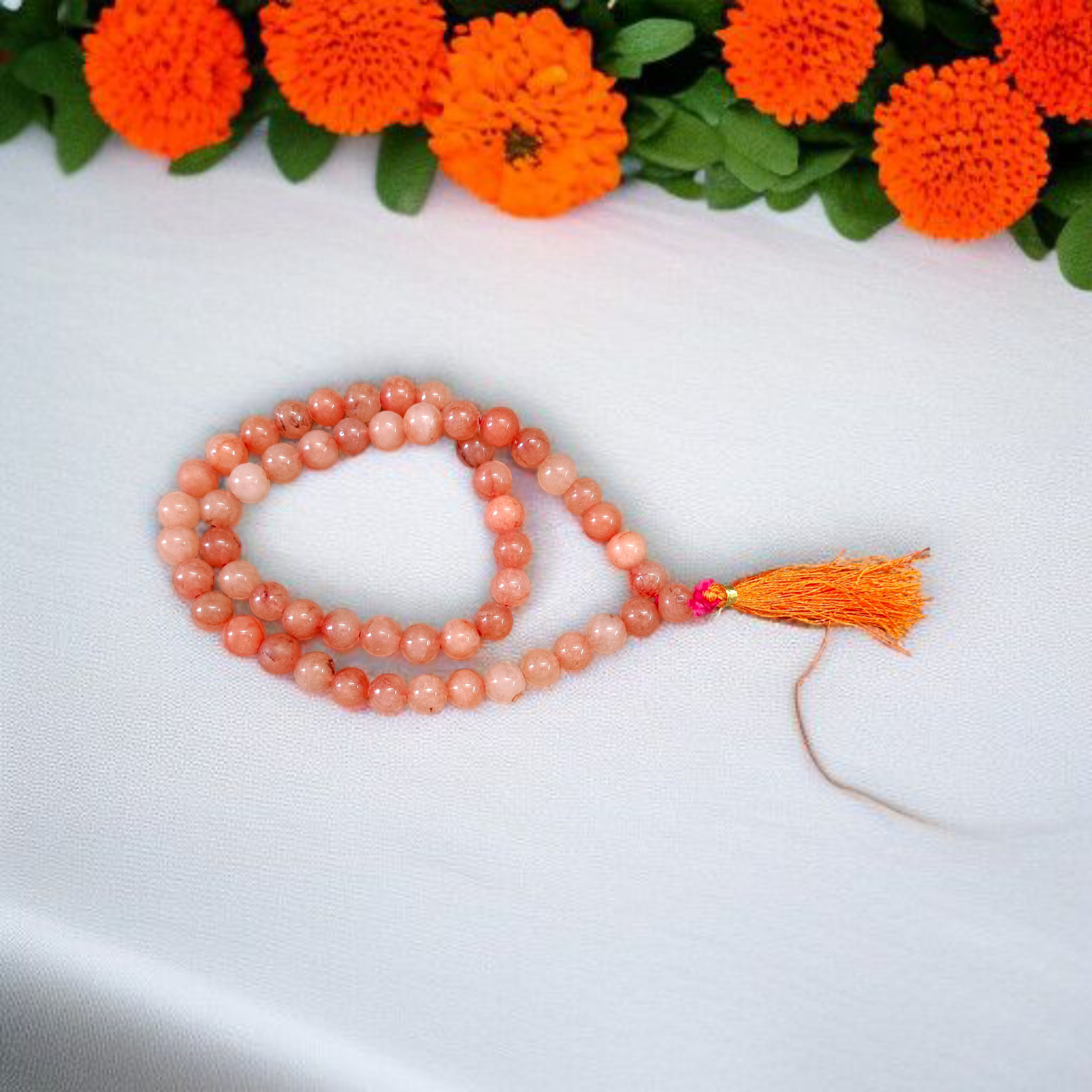 Image of Gomed Mala (Hessonite) with 54+1 polished 8mm dark honey-brown beads, strung for Vedic astrology, Rahu remedies, and spiritual meditation