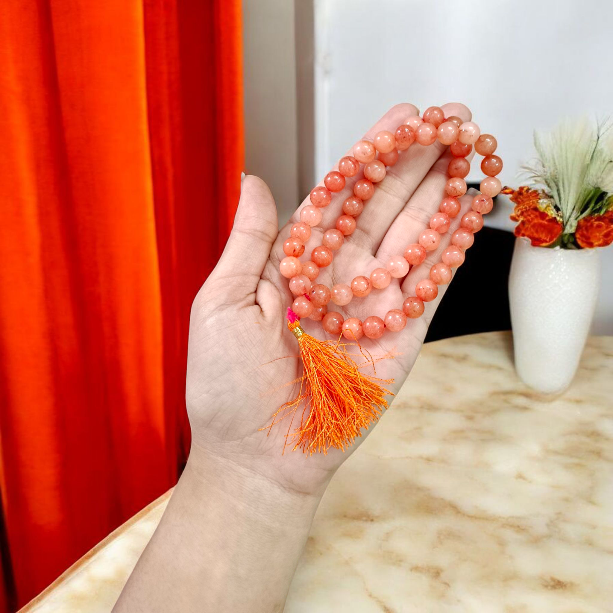 Image of Gomed Mala (Hessonite) with 54+1 polished 8mm dark honey-brown beads, strung for Vedic astrology, Rahu remedies, and spiritual meditation