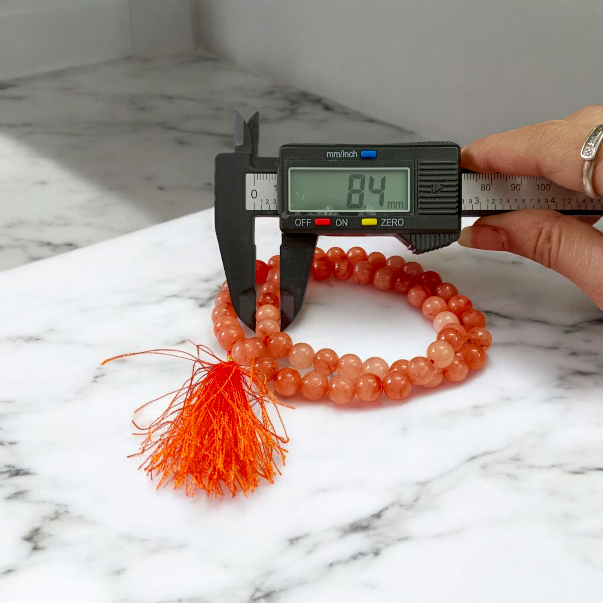 Image of Gomed Mala (Hessonite) with 54+1 polished 8mm dark honey-brown beads, strung for Vedic astrology, Rahu remedies, and spiritual meditation